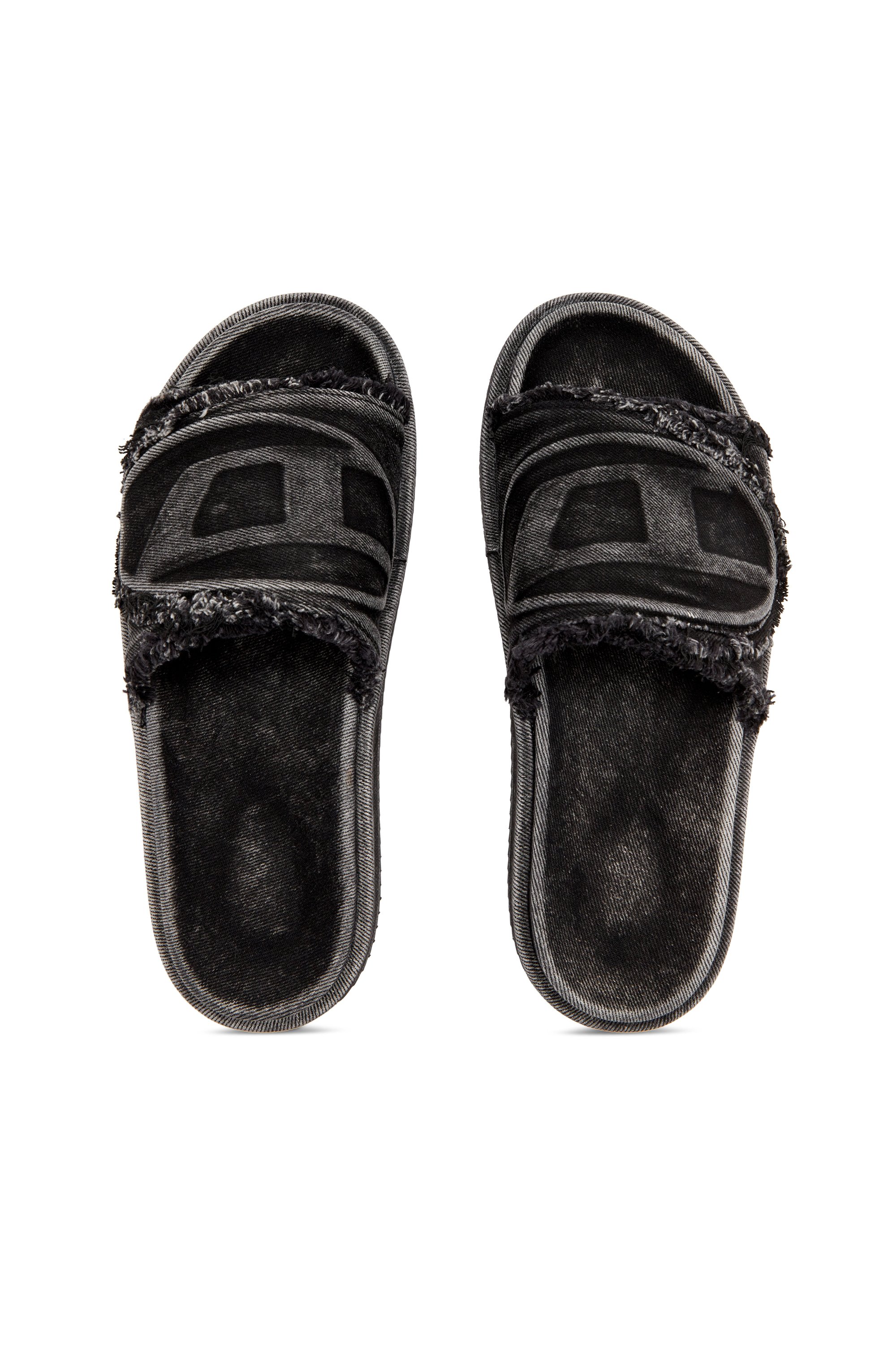 Diesel - SA-SLIDE D OVAL, Claquettes en denim vieilli Mixte in Noir - 5