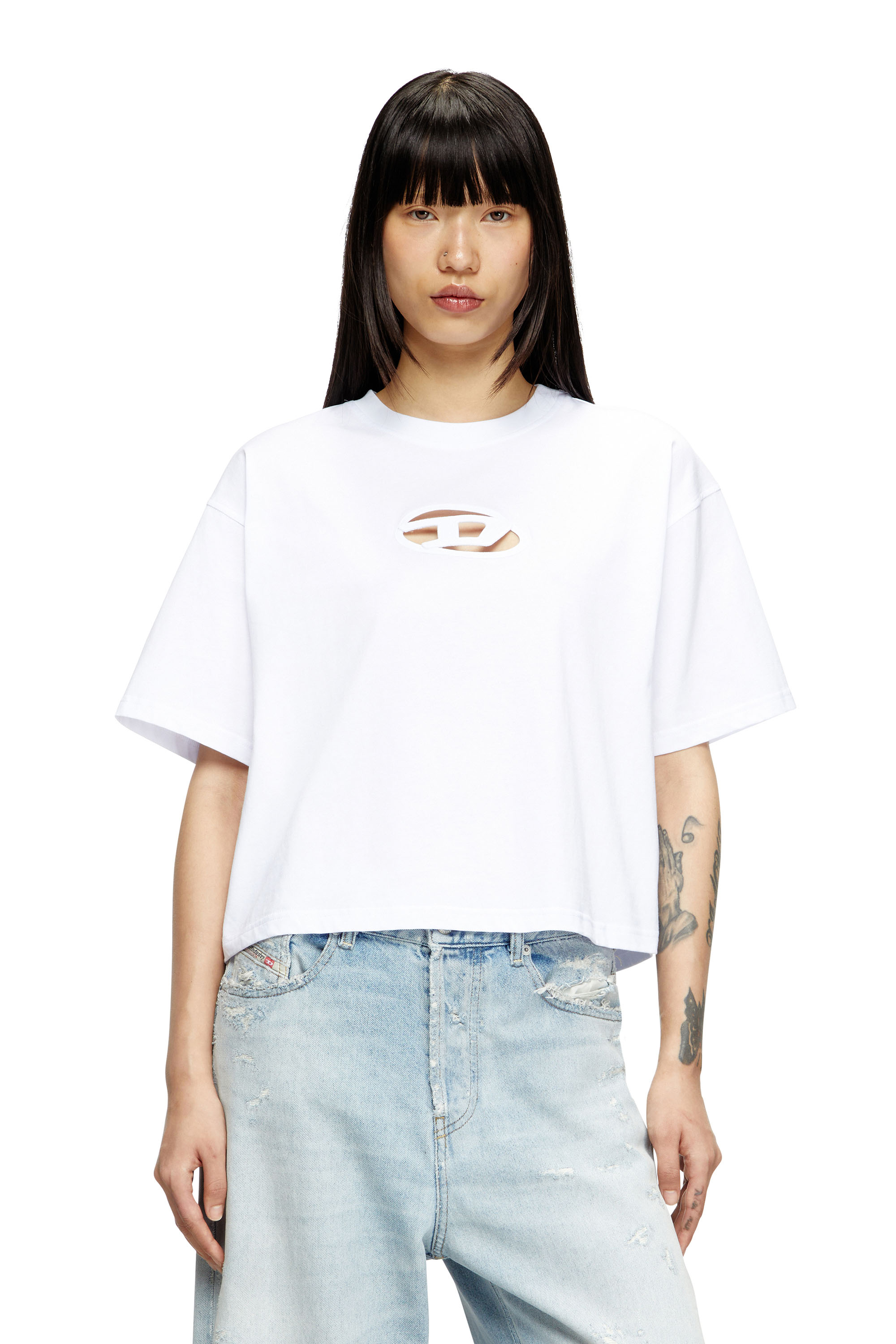 Diesel - T-BUXT-CROP-OD, T-shirt boxy avec cut-out Oval D Femme in Blanc - 1
