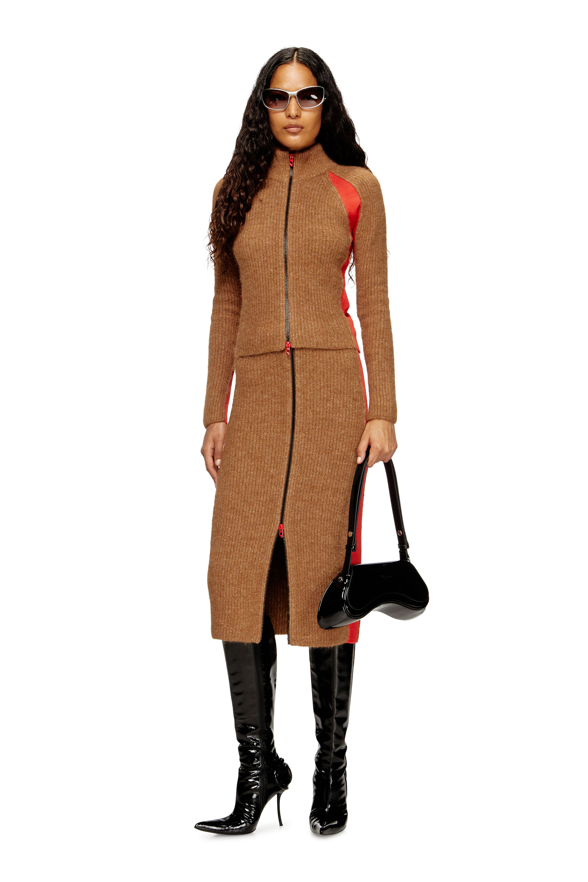 Diesel - M-LOUISE, Cardigan en mélange d'alpaga avec inserts contrastants Femme in Marron - 1