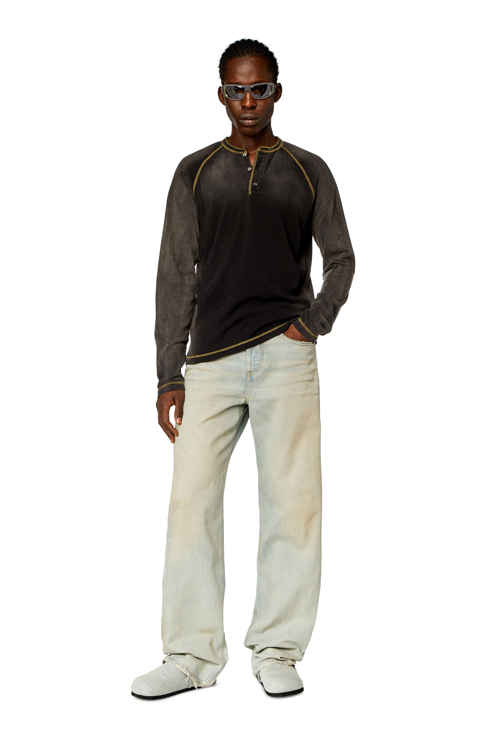 Diesel - T-RISY, Man's Henley T-shirt with sun-faded effect in Black - 1