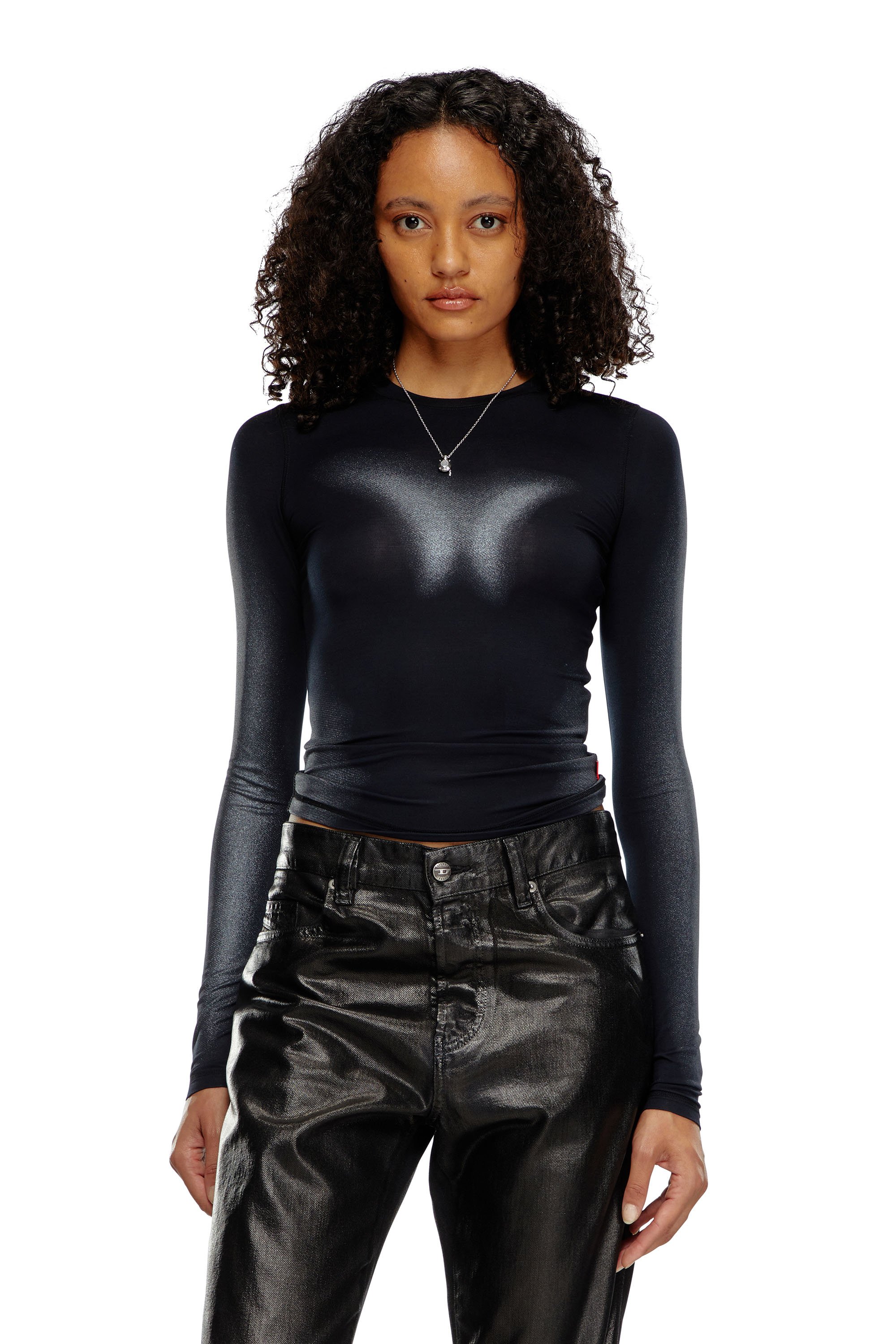 Diesel - T-ILON, Femme T-shirt à manches longues avec effets métallisés in Noir - Image 1