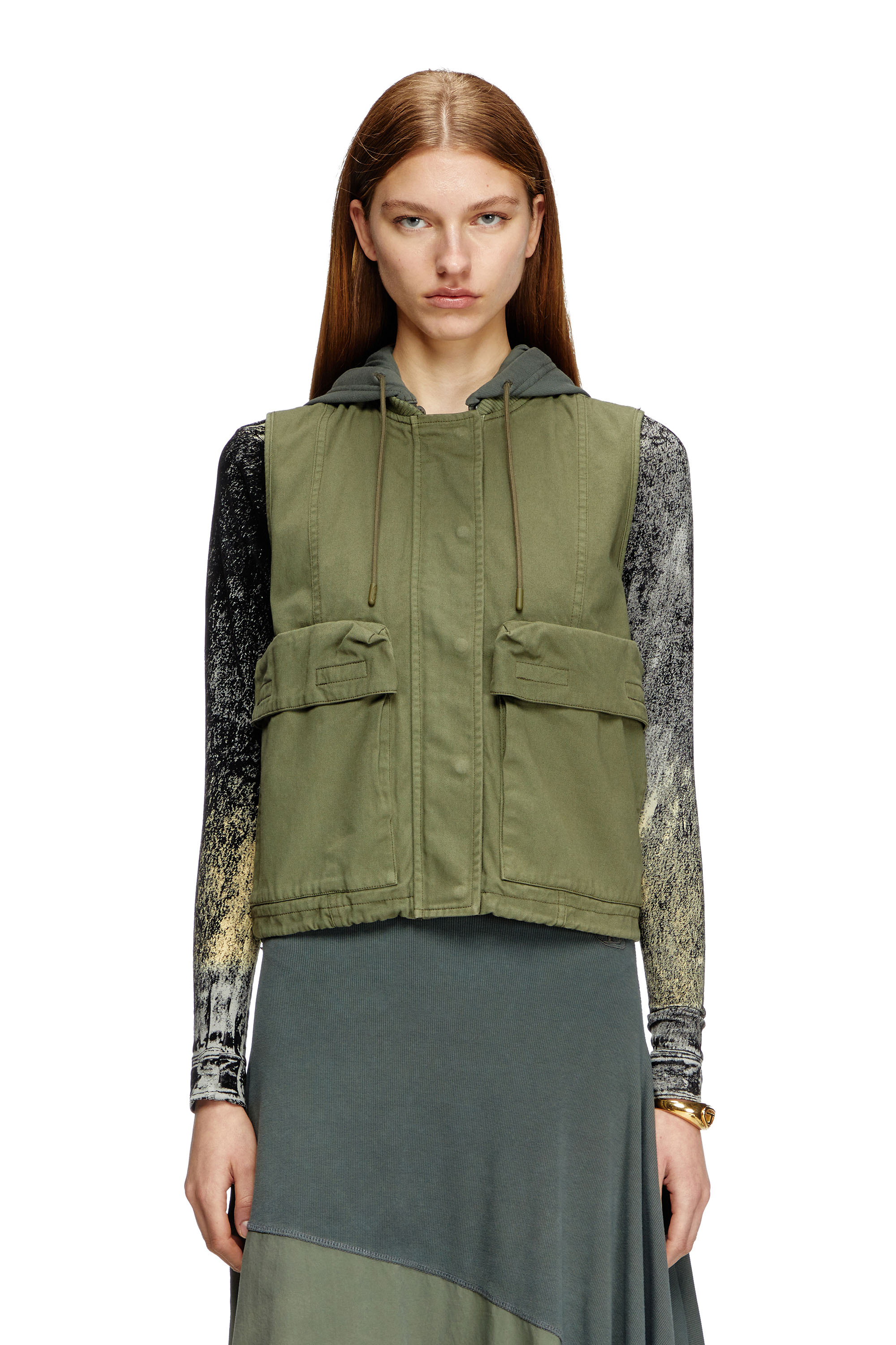 Diesel - G-ENESIS, Gilet cargo à capuche en sergé de coton Femme in Vert - 1