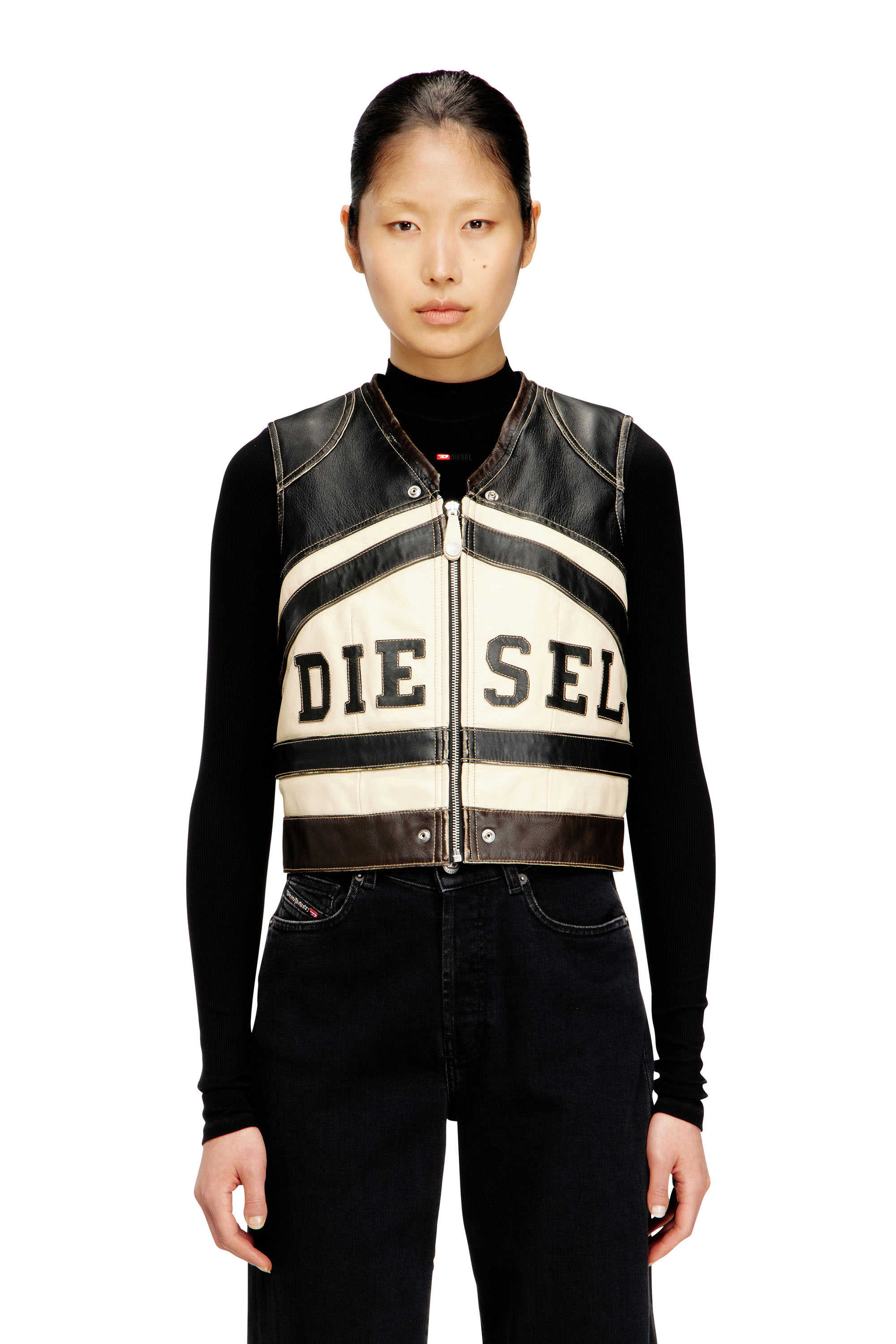 Diesel - L-FLYCOU-20TH, Gilet en cuir avec logo sur le devant et bandes contrastées Femme in Polychrome - 1