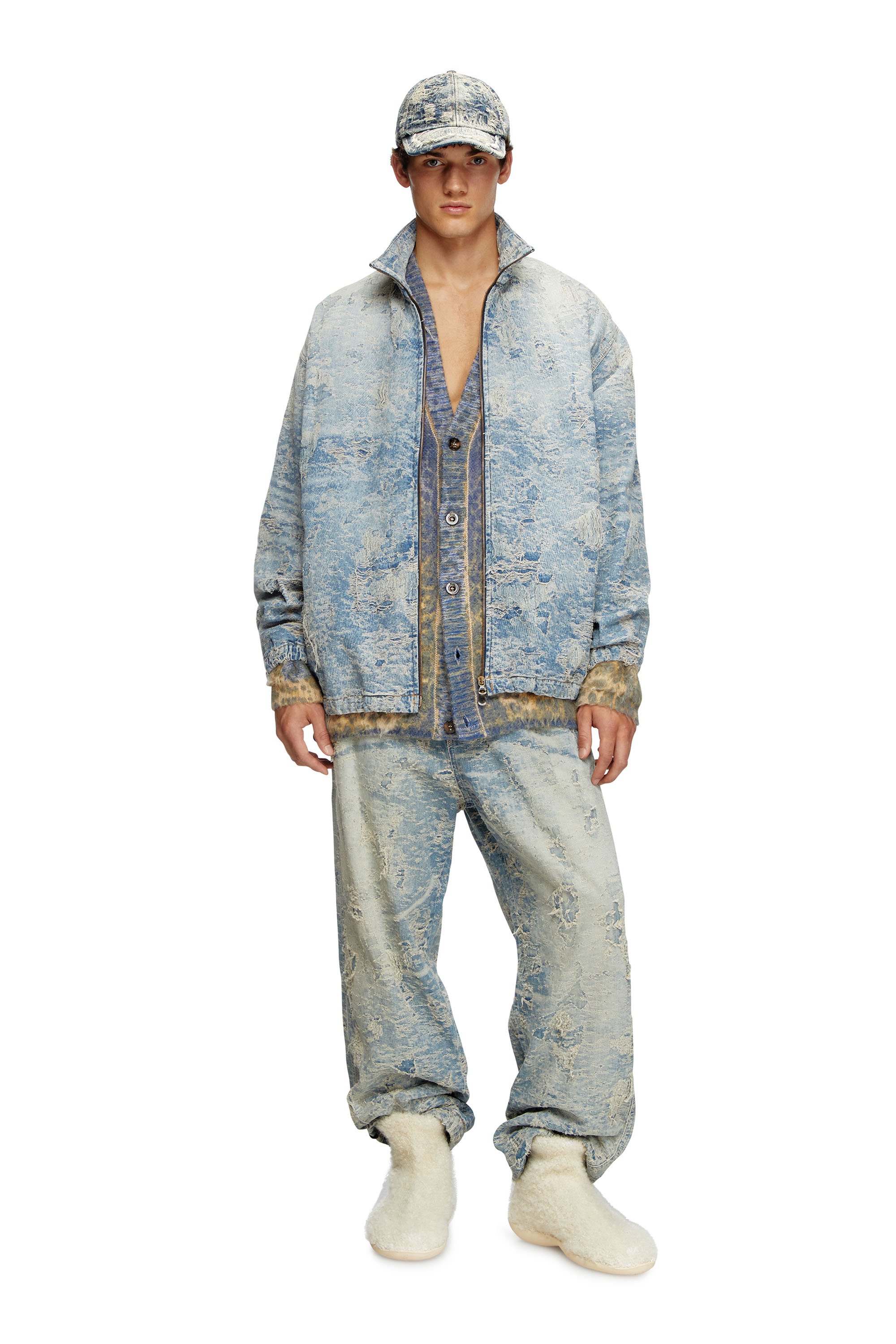 Diesel - D-KRAP-FSF, Veste zippée en denim jacquard effet sali Mixte in Bleu - 4