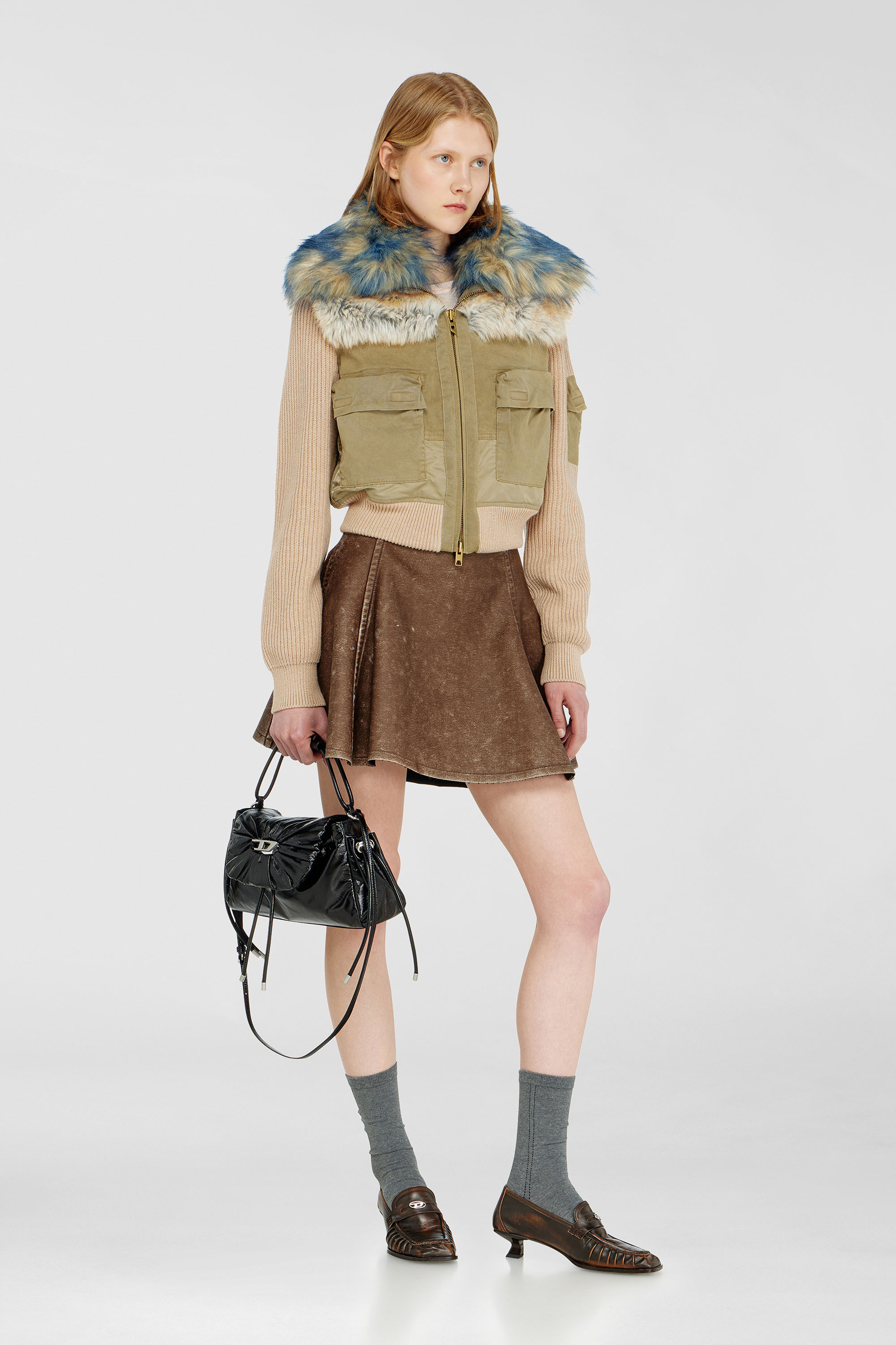 Diesel - G-USTAV, Blouson avec finitions en maille c&ocirc;tel&eacute;e et effet peluche Femme in Beige - 2