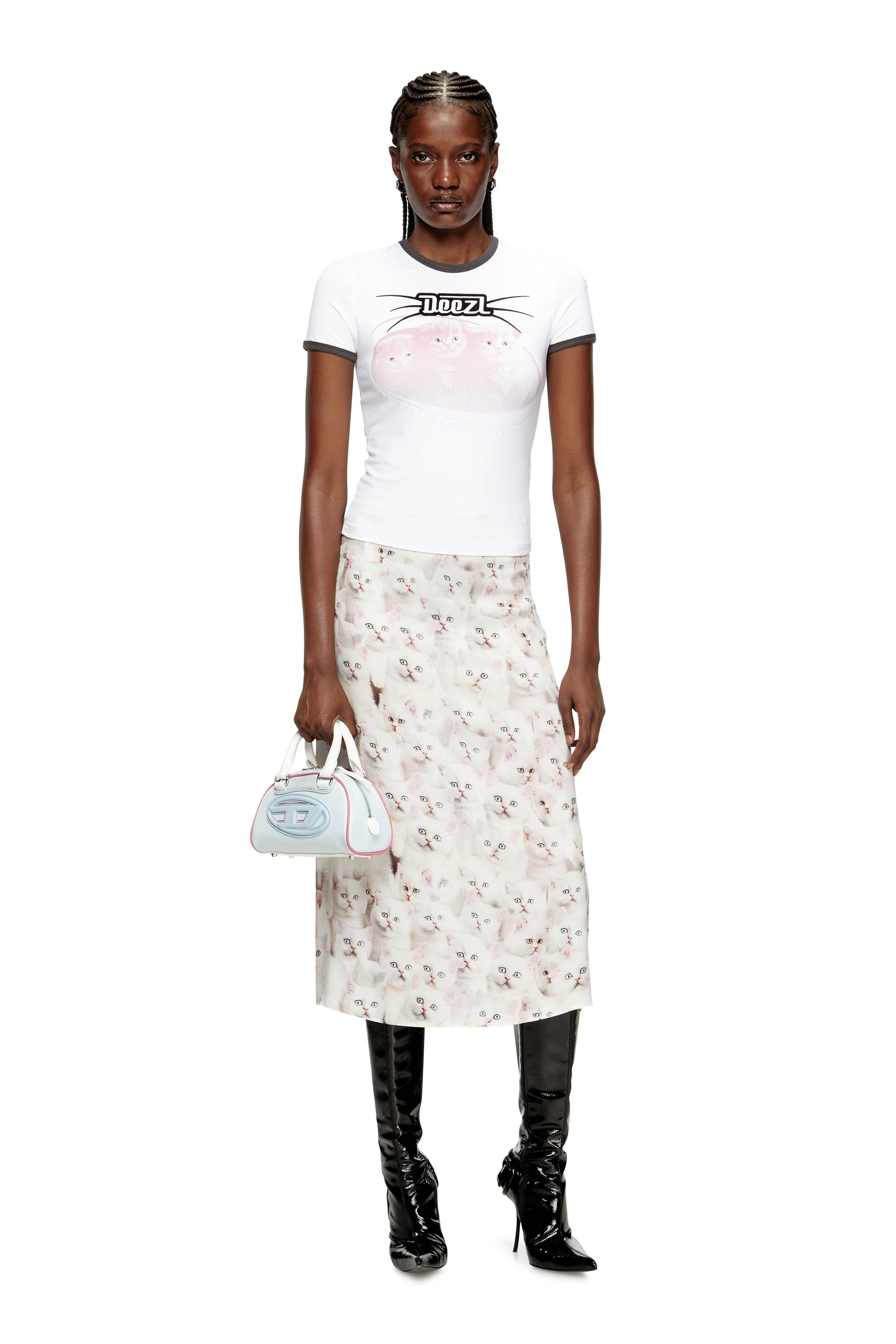 O-RCHID-R1, White Diesel - O-RCHID-R1, Woman's Midi skirt in viscose with all-over print in White - 1