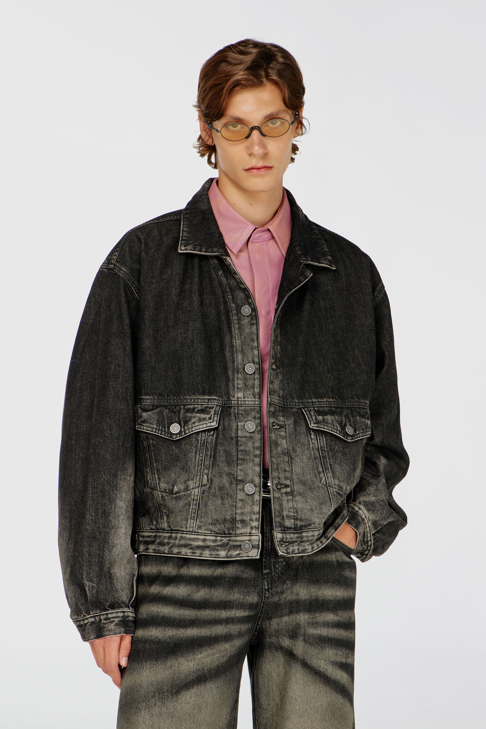 Diesel - D-MORGHI-FSJ, Man's Trucker jacket in dirty-effect denim in Black/Dark grey - 1
