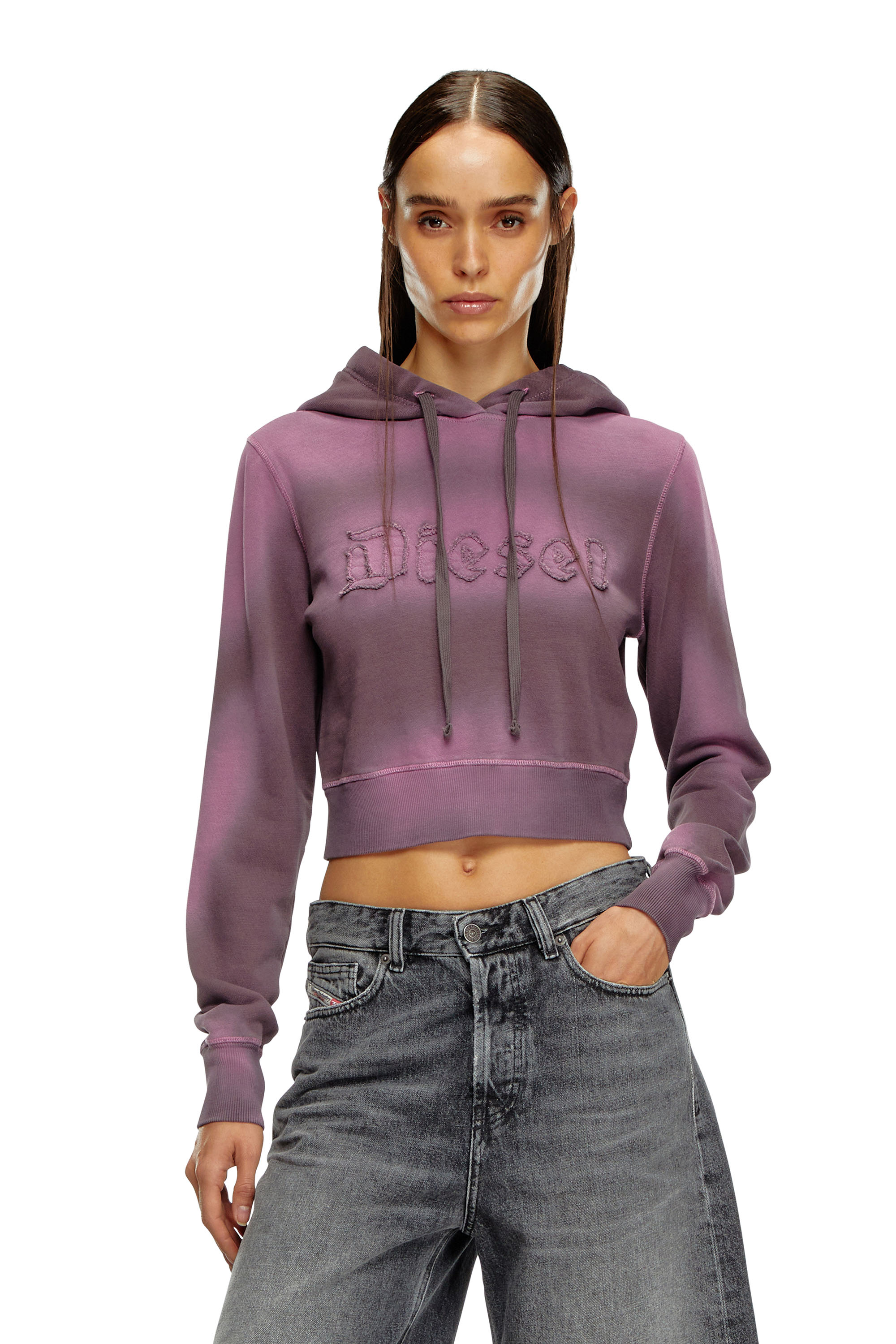 Diesel - F-SLIMMY-HOOD-P1, Femme Sweat-shirt à capuche surteint avec logo effiloché in Violet - Image 1