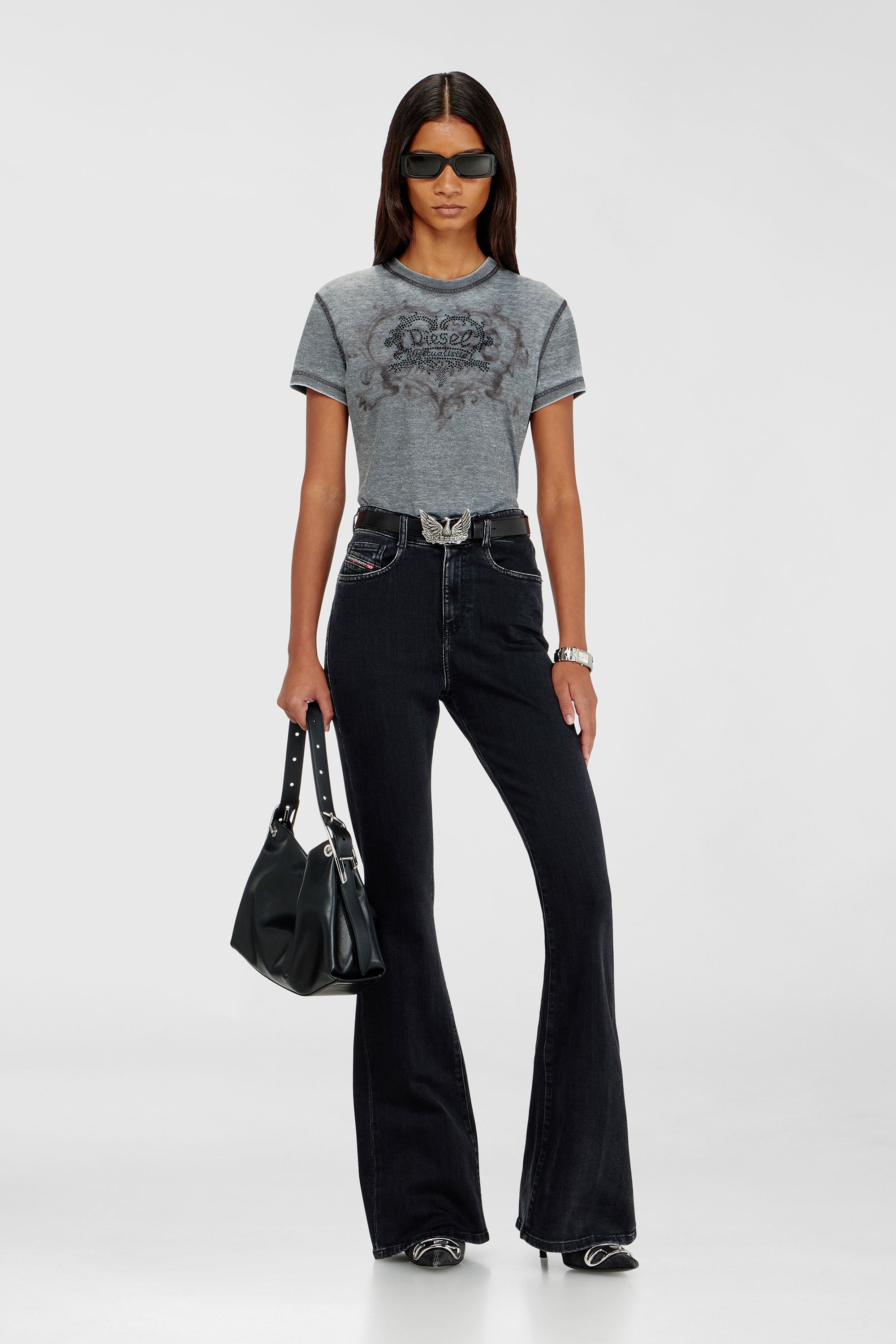 Diesel - T-ILA-AA1, T-shirt en jersey avec strass et burnout effect Femme in Gris - 1