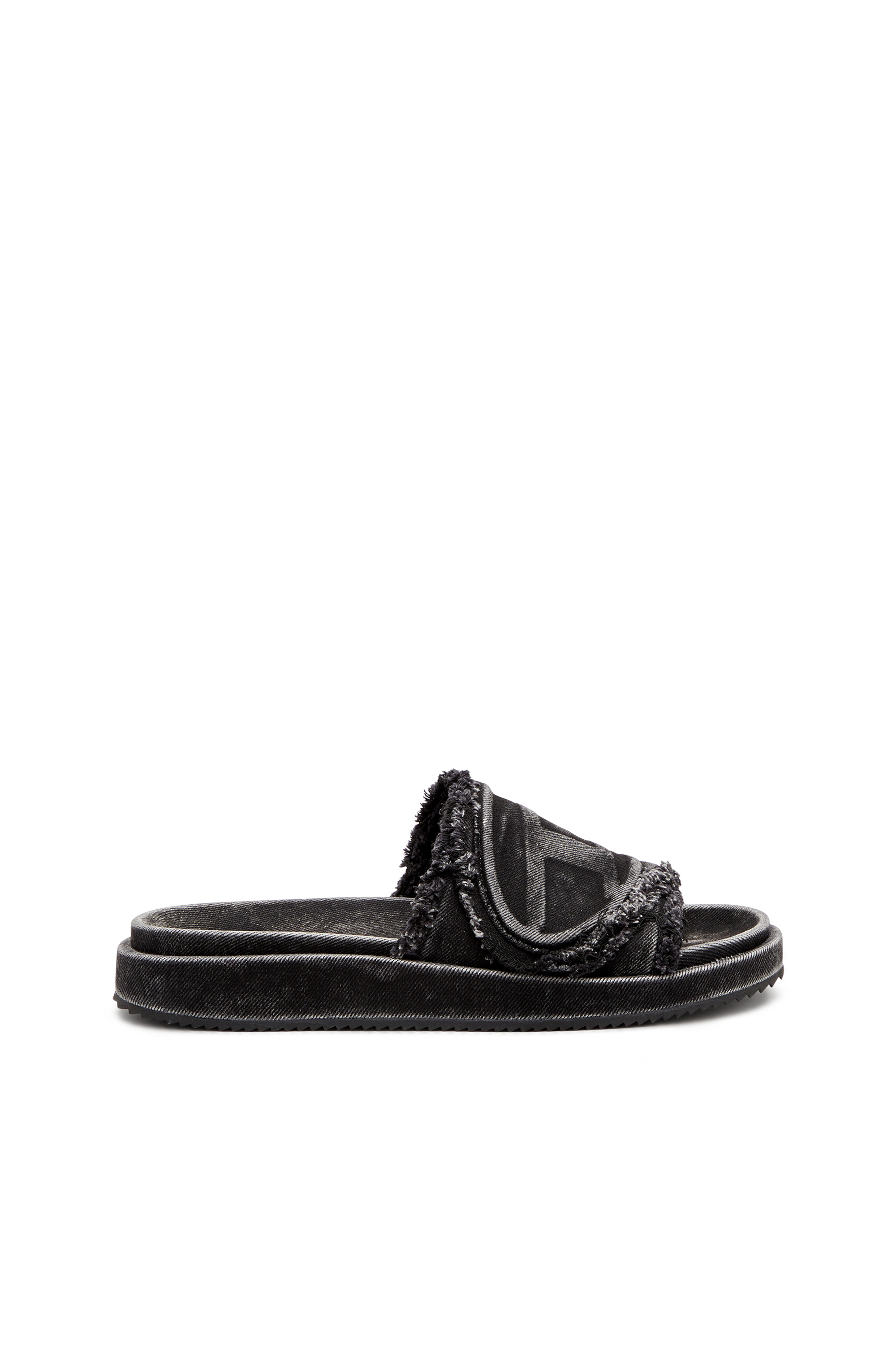 Diesel - SA-SLIDE D OVAL, Claquettes en denim vieilli Mixte in Noir - 1