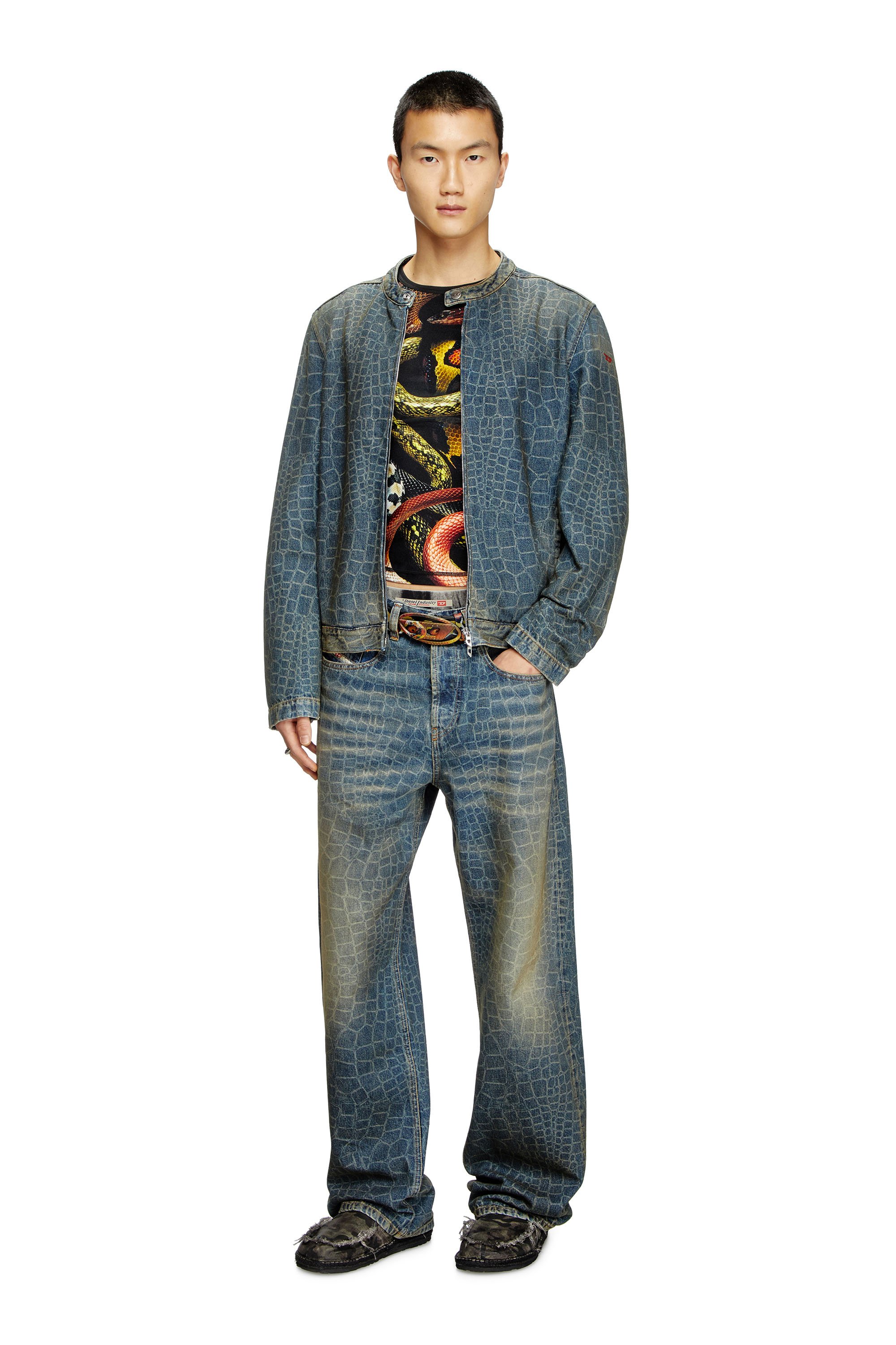 Diesel - CL-D-GLORY-SNAKE, Veste biker en denim avec imprimé serpent Homme in Bleu - 2