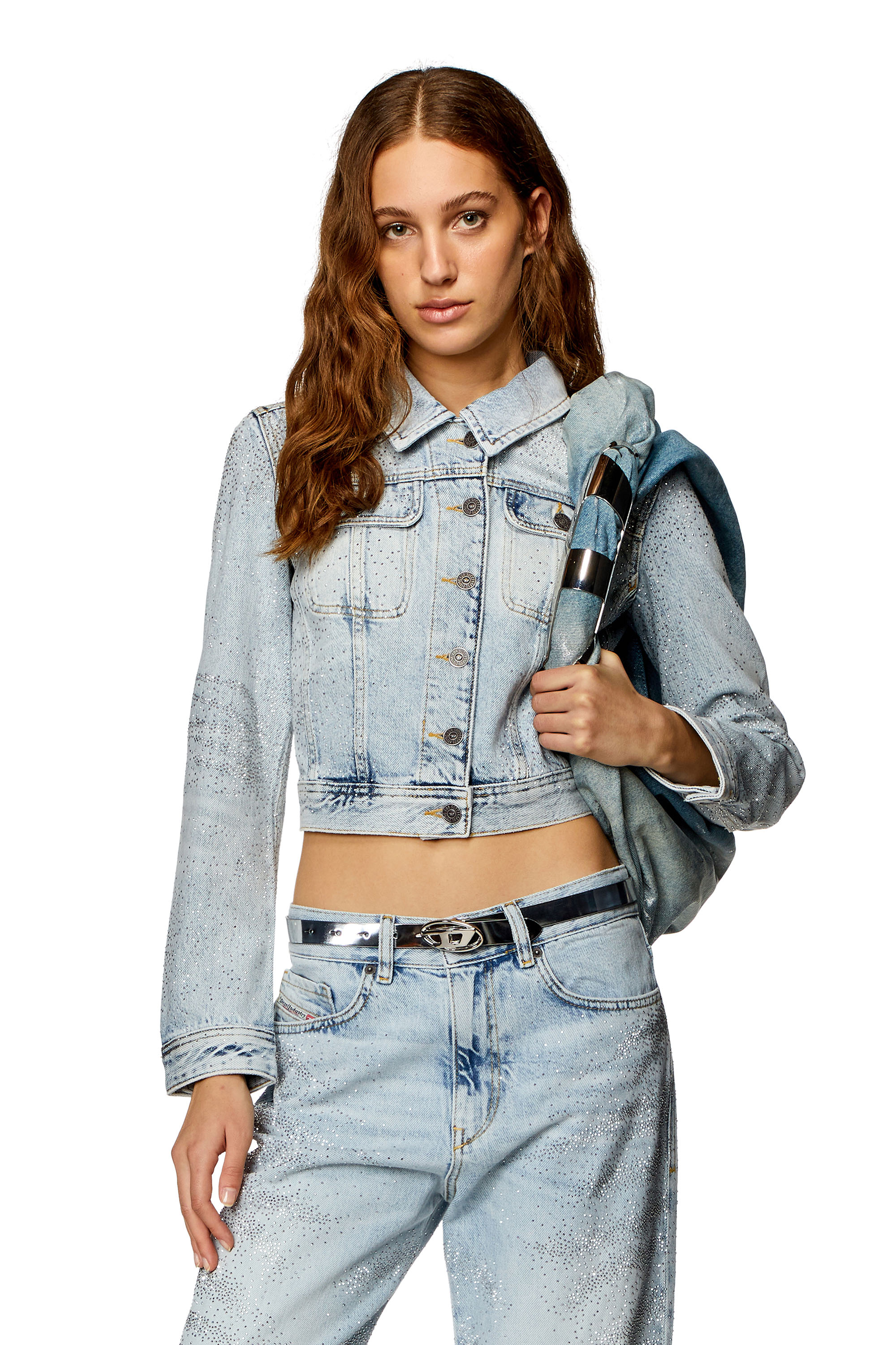 Diesel - DE-SLIMMY-S, Woman's Trucker jacket in micro-crystal denim in Light Blue - 3