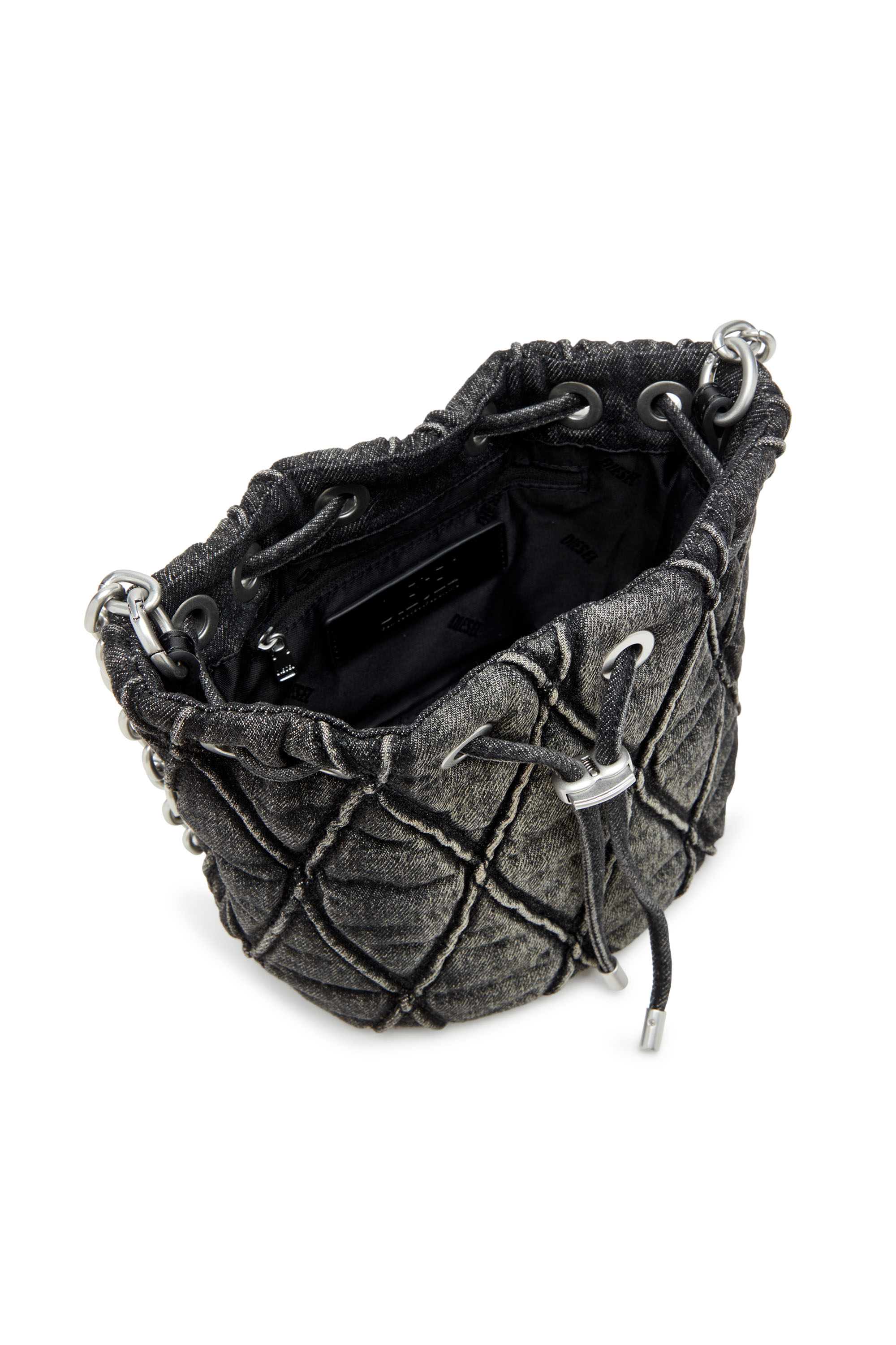 Diesel - CHARM-D BUCKET S, Charm-D S-Mini sac seau en denim matelassé traité Femme in Noir - 3