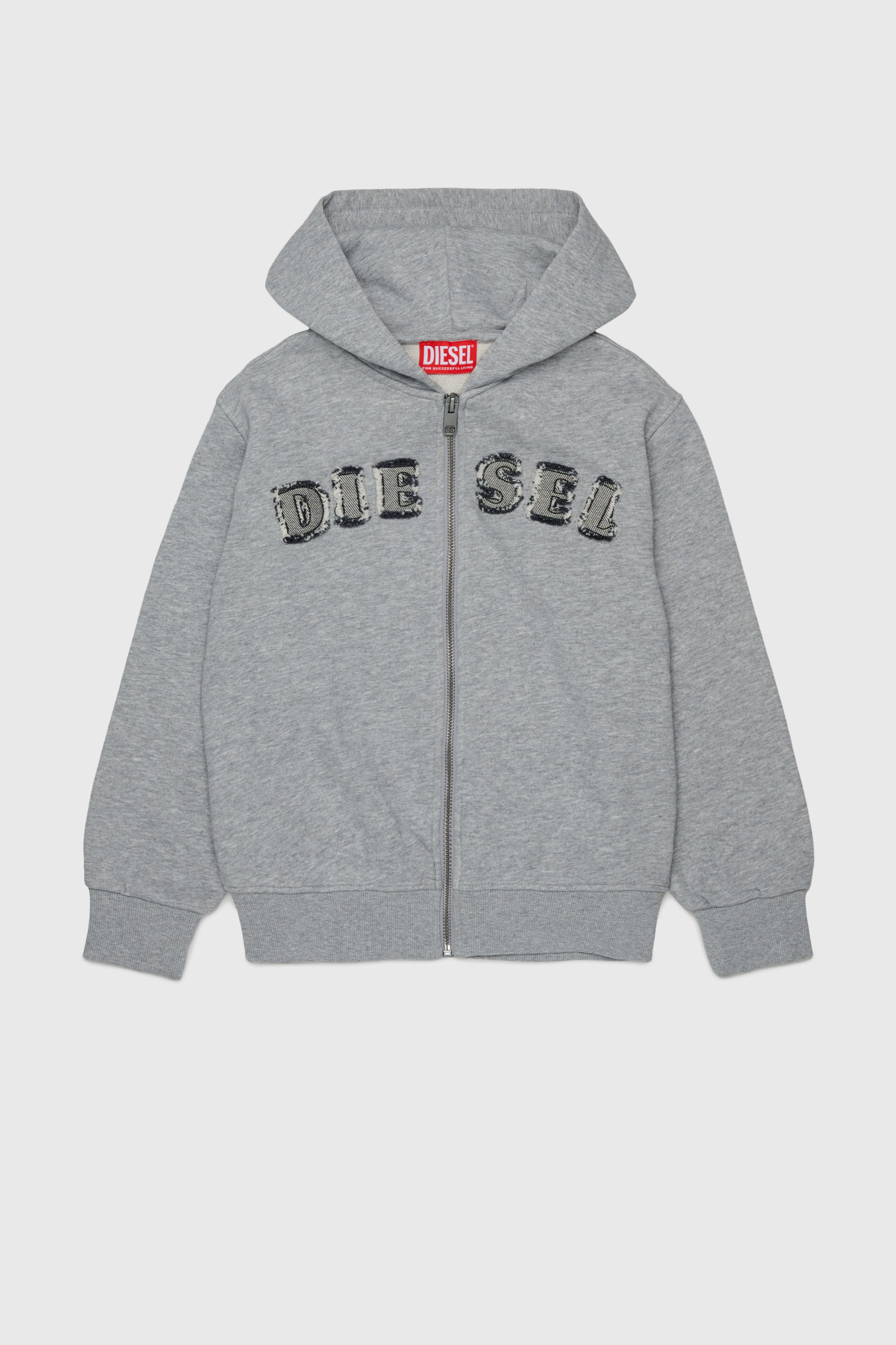 Diesel - SJEANSHOOD OVER, Sweat &agrave; capuche zipp&eacute; avec logo effiloch&eacute; Homme in Gris - 1