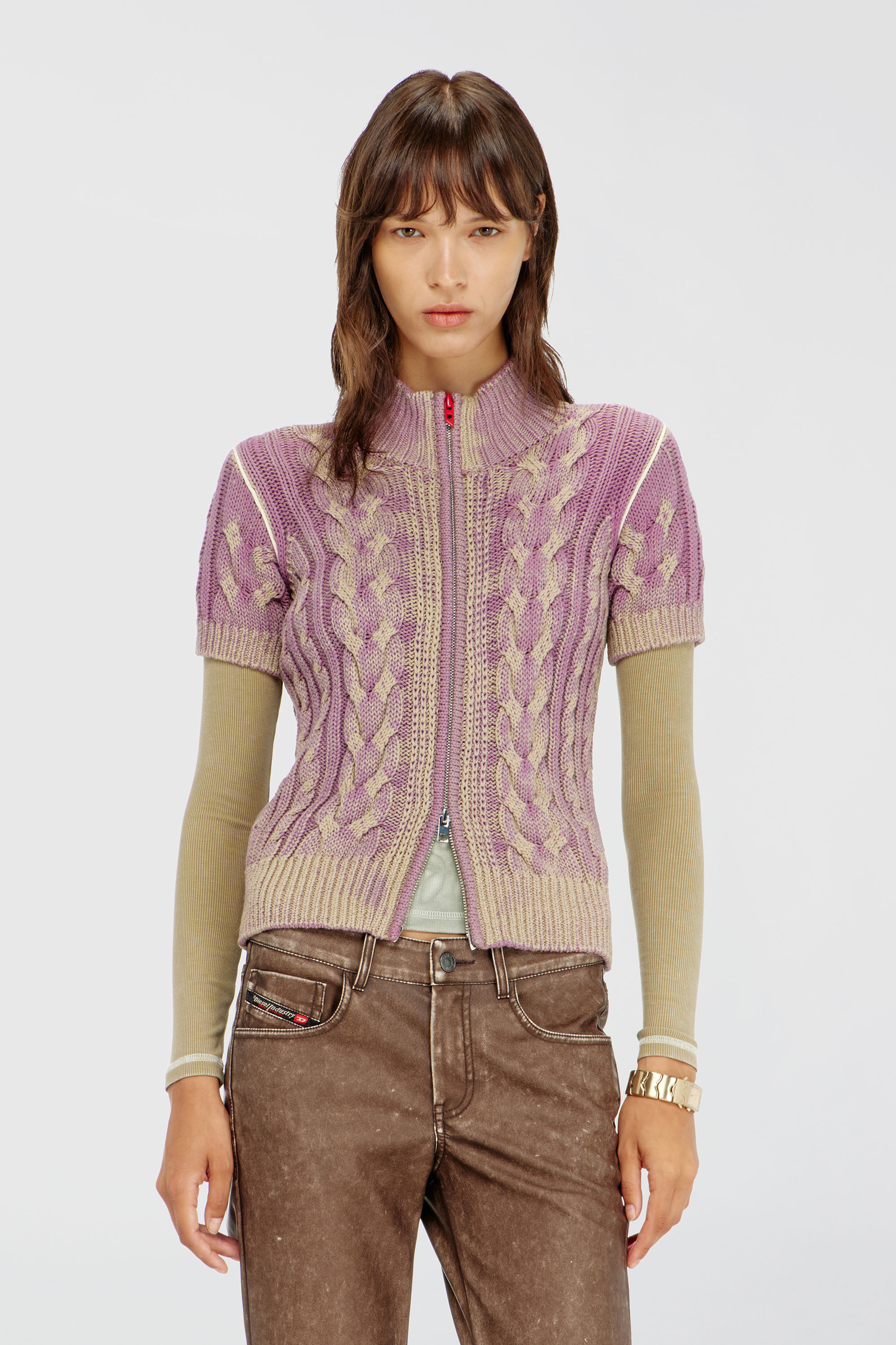 Diesel - M-ELANA, Cardigan &agrave; manches courtes zipp&eacute; en maille torsad&eacute;e Femme in Polychrome - 1