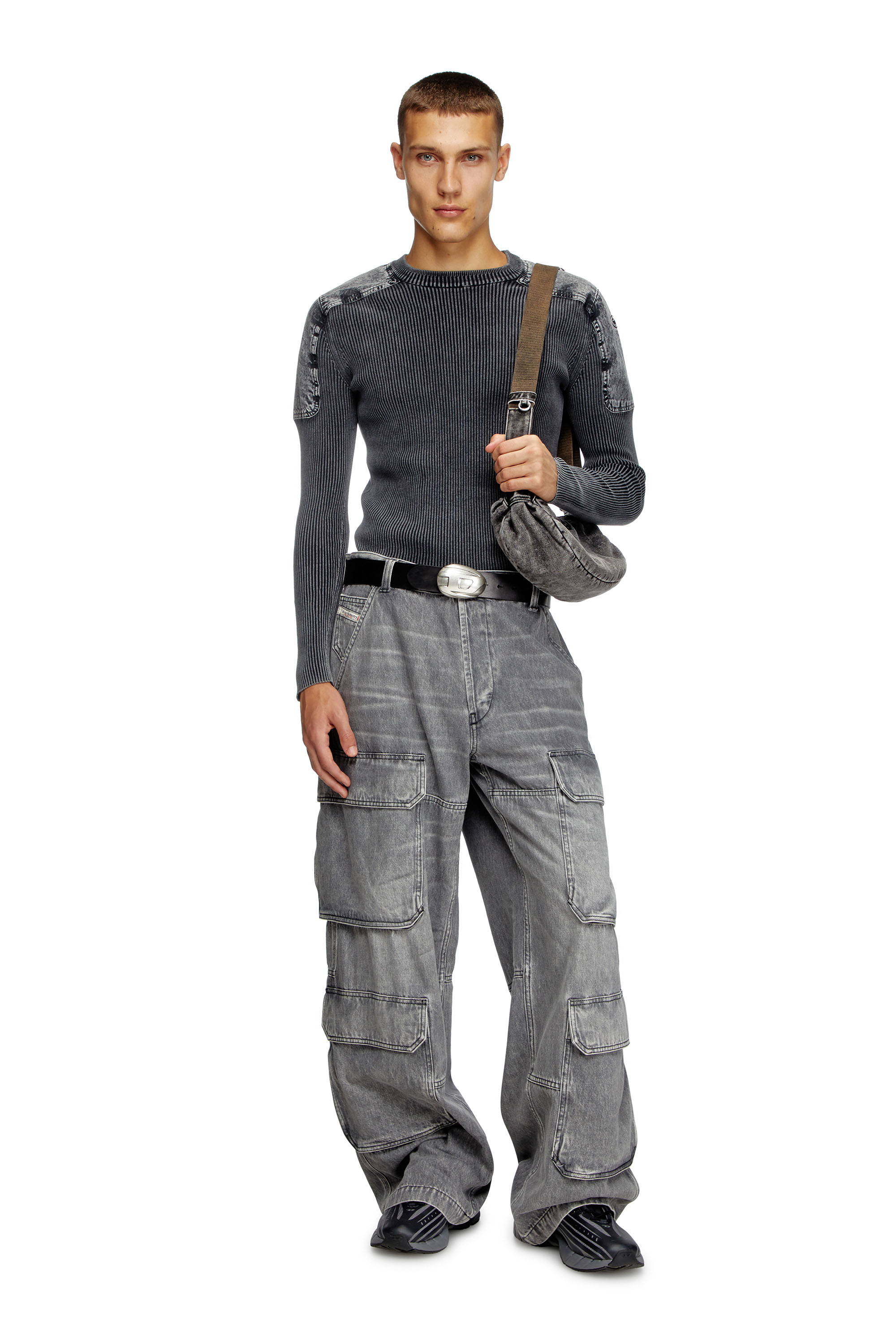 Diesel - K-MARTIN, Pull avec empiècements en denim sur les épaules Homme in Gris - 1