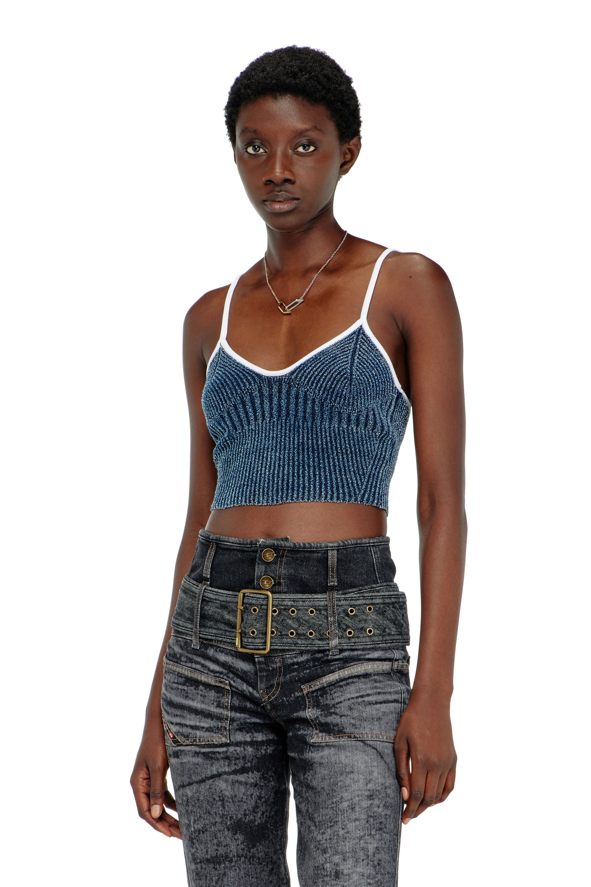 Diesel - M-ESTERE, Crop top en maille c&ocirc;tel&eacute;e indigo boucl&eacute; Femme in Polychrome - 3