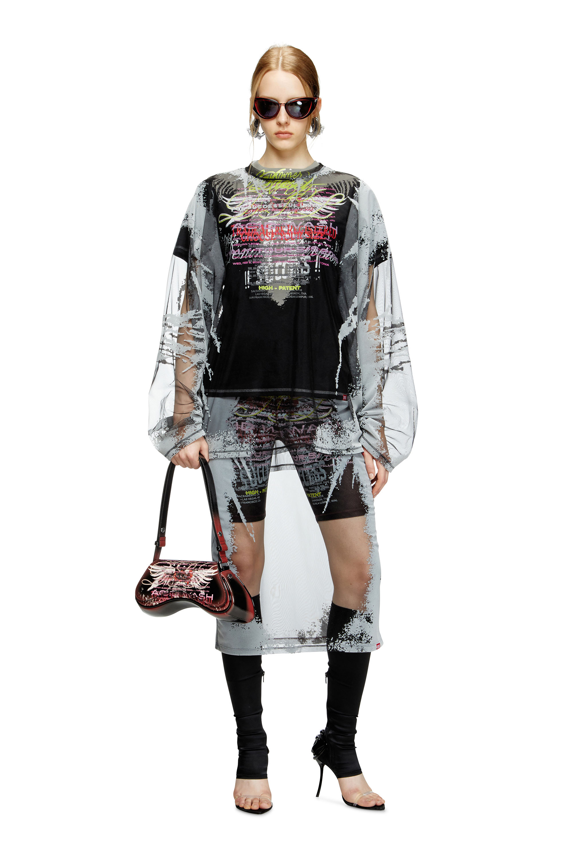 Diesel - O-LYAC, Woman's Layered midi skirt with lyrics print in Black/Grey - 1