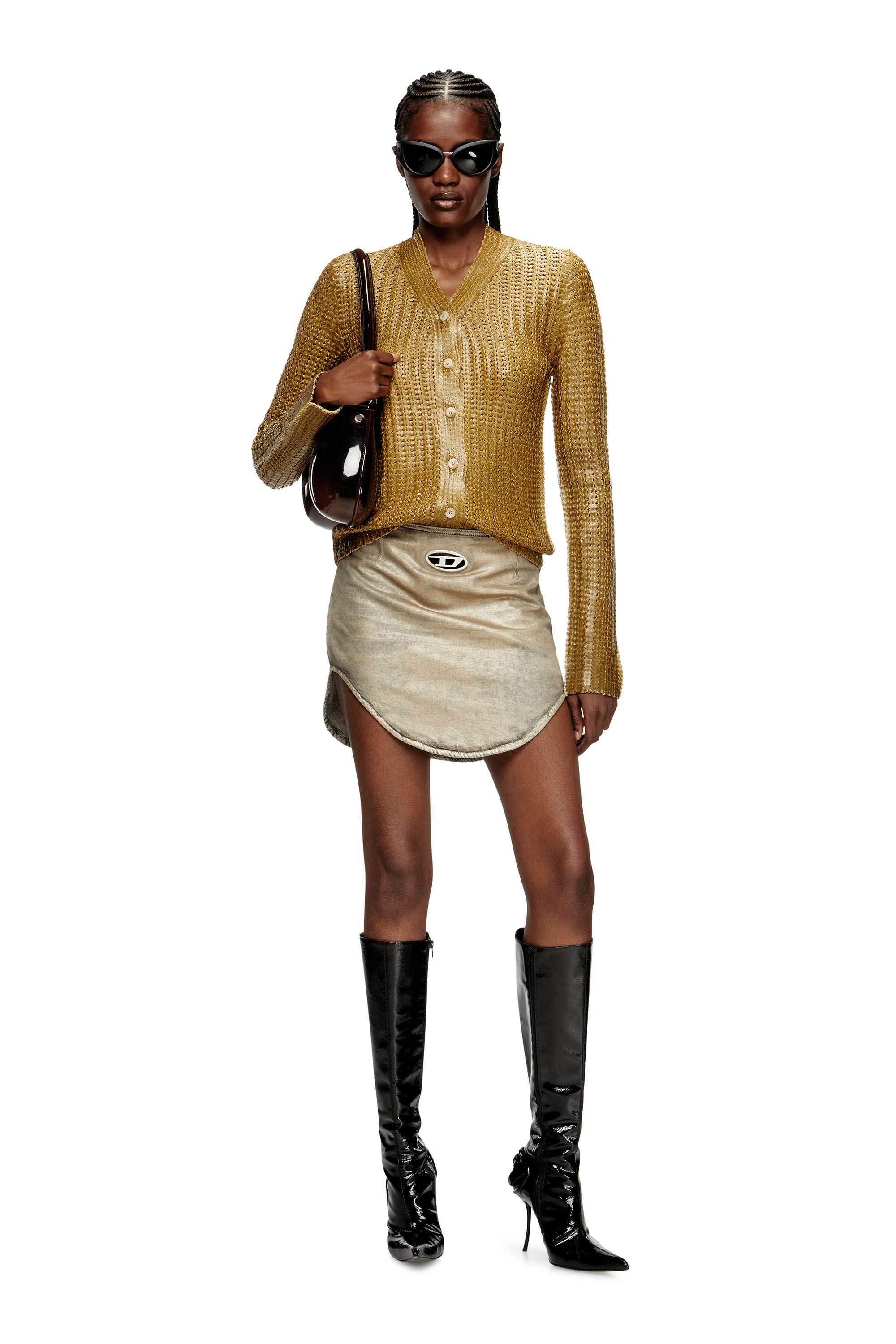 Diesel - M-MILLO, Woman's Ribbed cardigan with shiny effect in Light Brown - 1