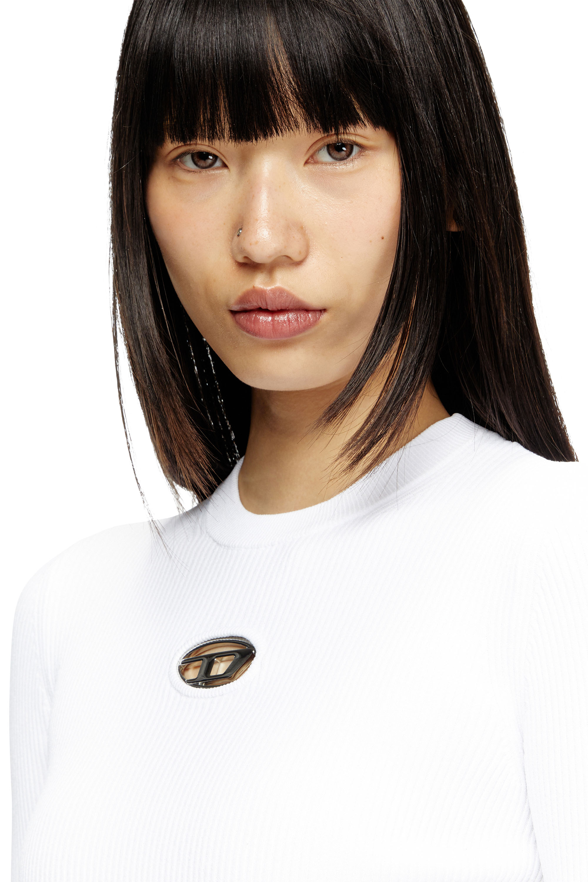 Diesel - M-VALARI, Top en viscose mélangée côtelée avec Oval D Femme in Blanc - 5