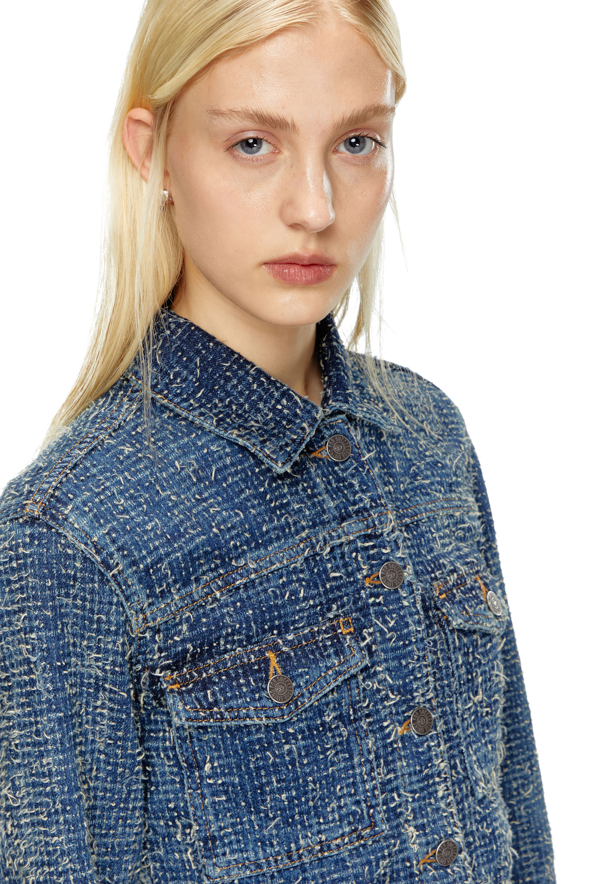 Diesel - DE-ATEL-S, Veste crop en denim boucl&eacute; Femme in Bleu - 5