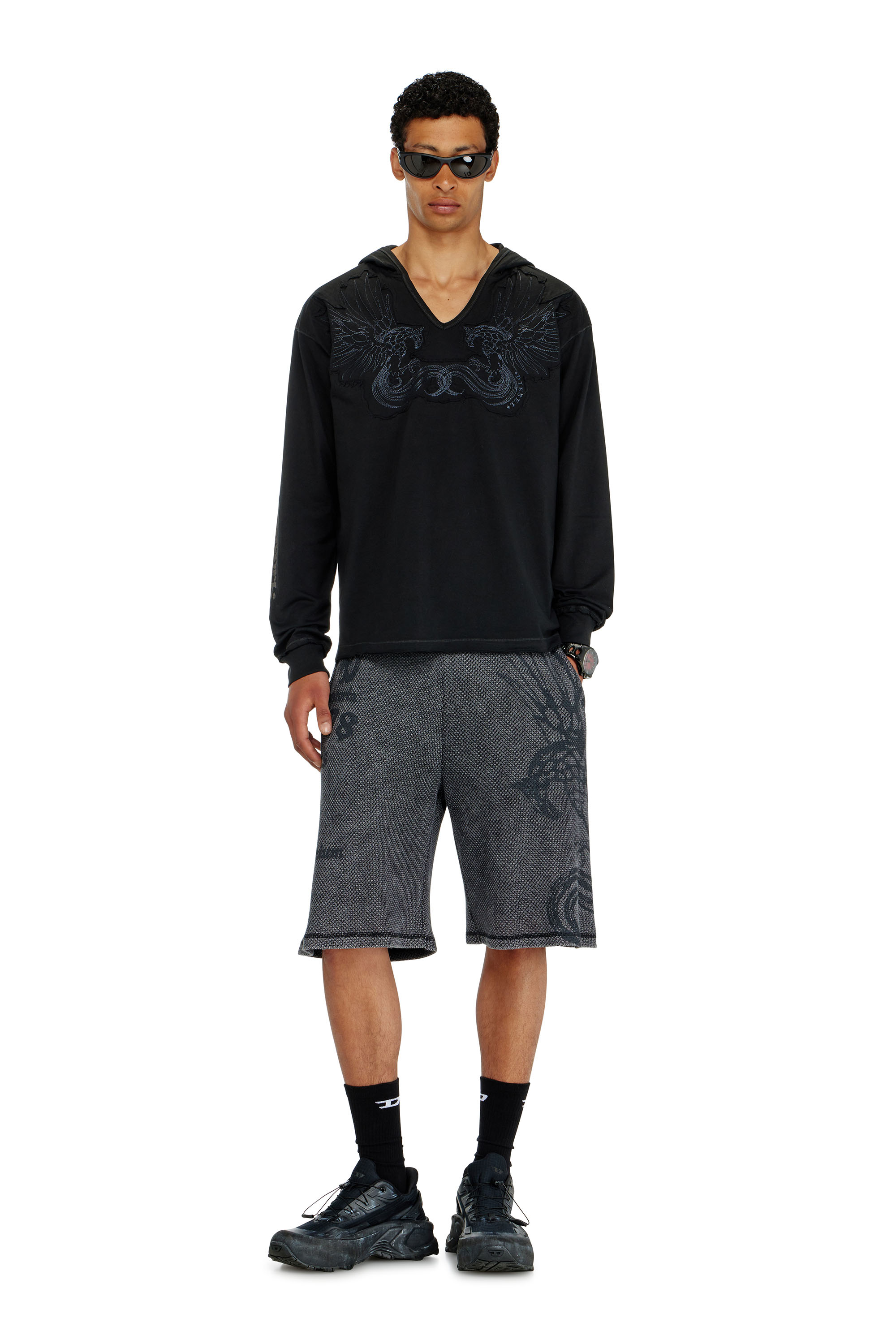 Diesel - T-PHEN-LS-HOOD-RIB, Sweat &agrave; capuche col V avec broderie sur le devant Homme in Noir - 2