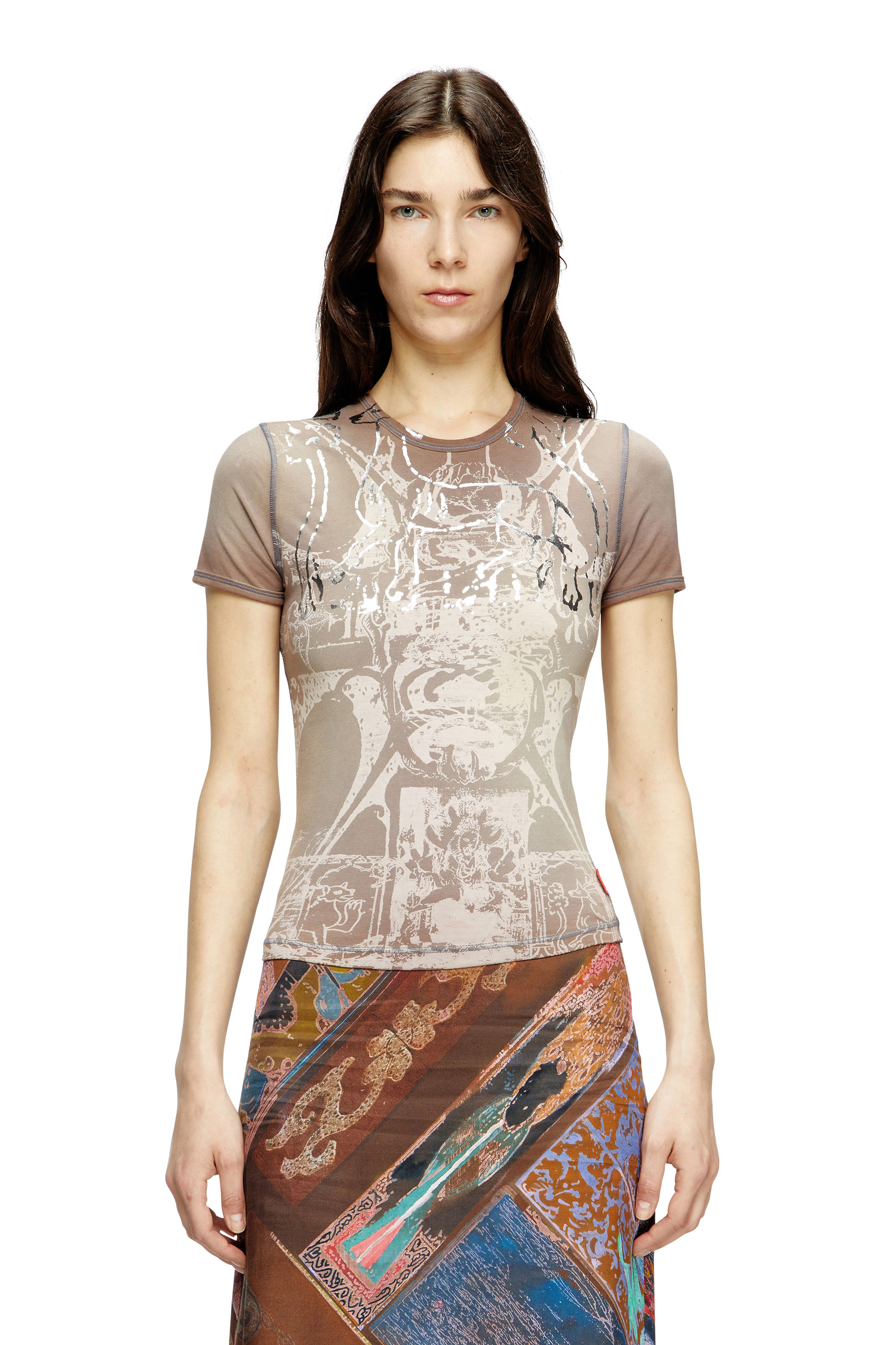 Diesel - T-UNCUTIES-LONG-R6, Woman's T-shirt with foil print in Light Brown - 1