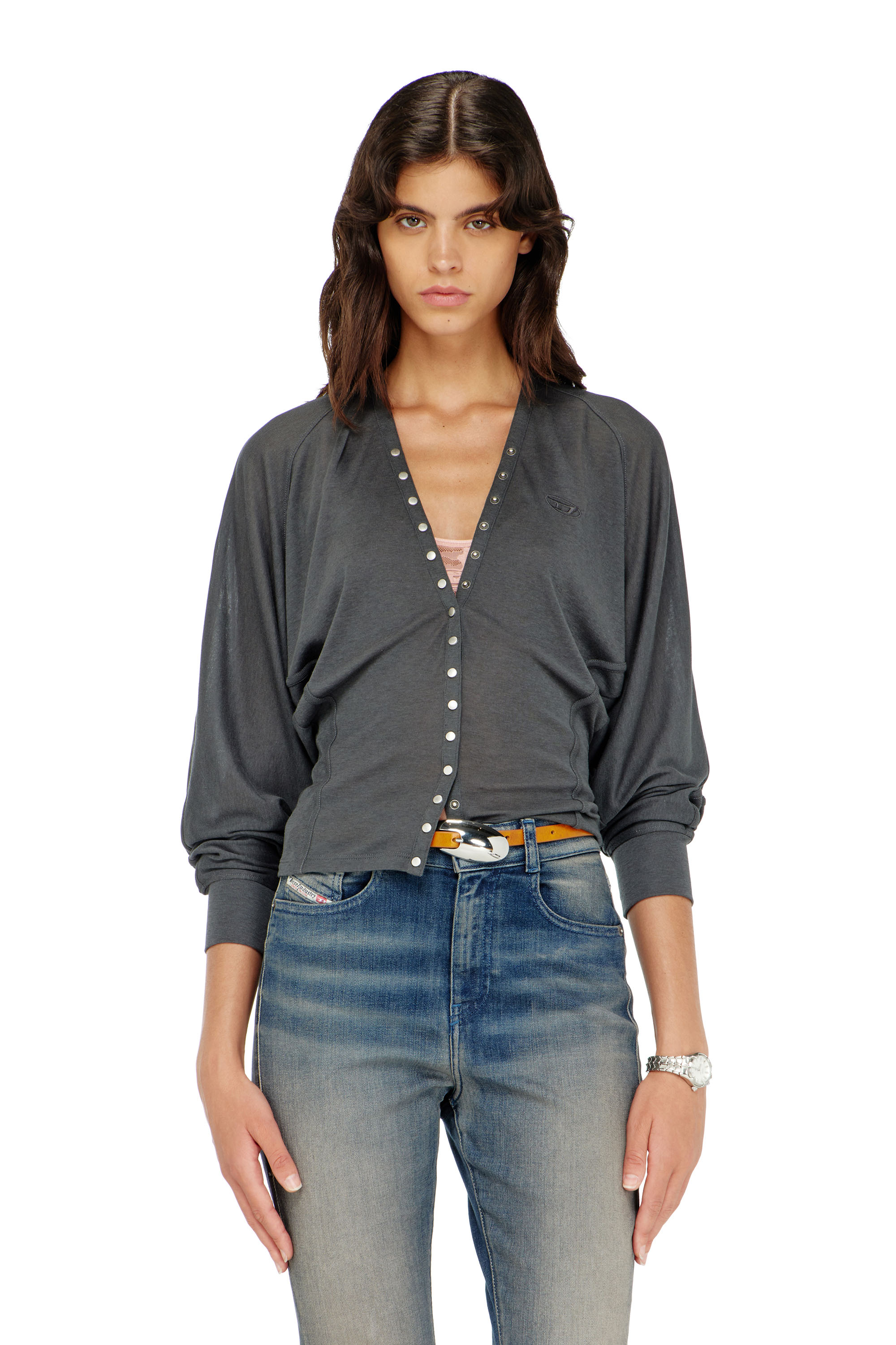 Diesel - T-ISERINA, Top cardigan en m&eacute;lange Tencel &agrave; manches chauve-souris Femme in Gris - 1