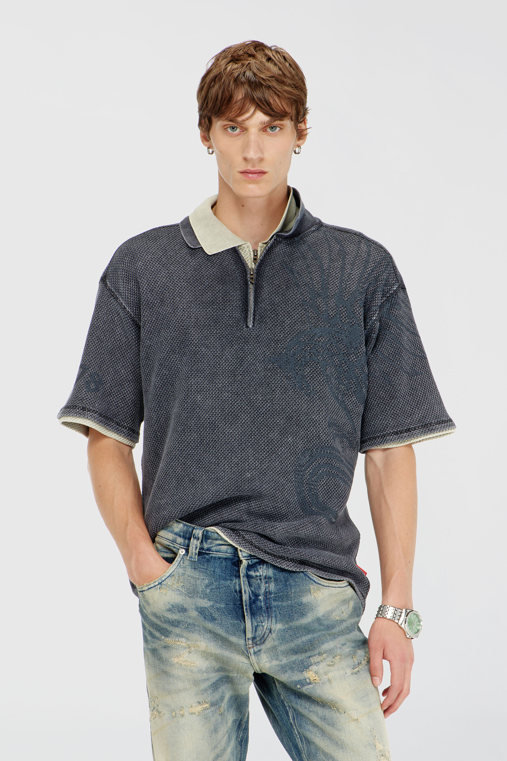 Diesel - T-ERRY-ZIP, Polo en mesh jacquard avec imprim&eacute; Phoenix Homme in Gris - 1