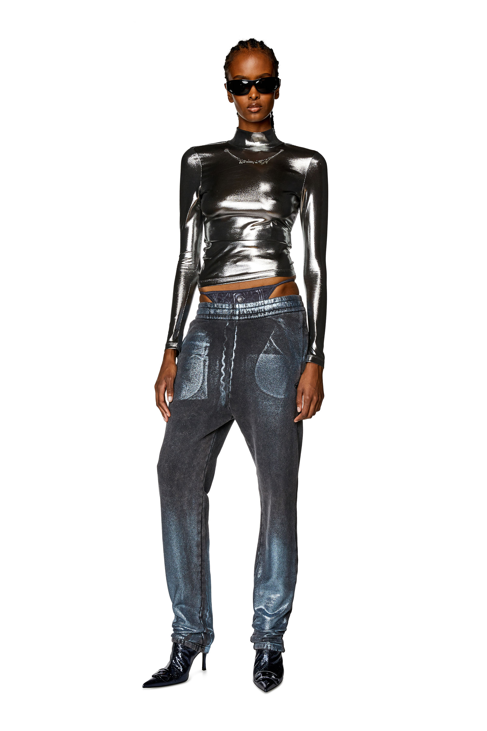 Diesel - T-META, Woman's Metallic top with chain detail in Black - 1