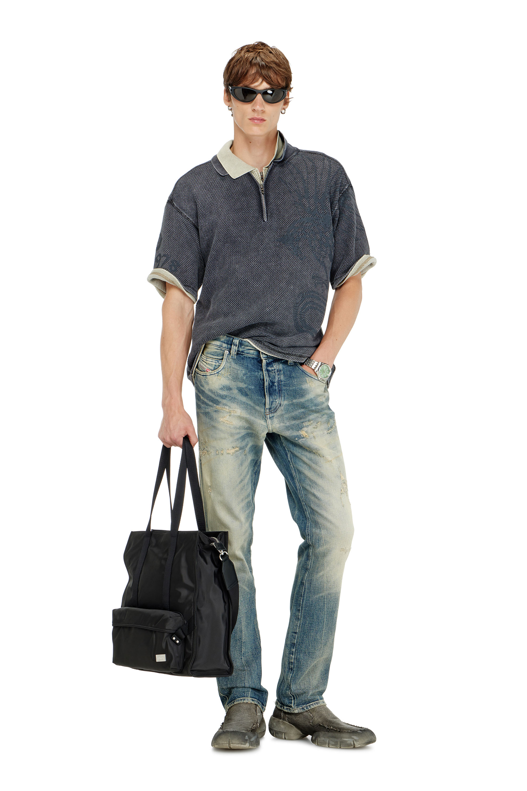Diesel - T-ERRY-ZIP, Man's Mesh-jacquard polo shirt with Phoenix print in Dark grey - 1