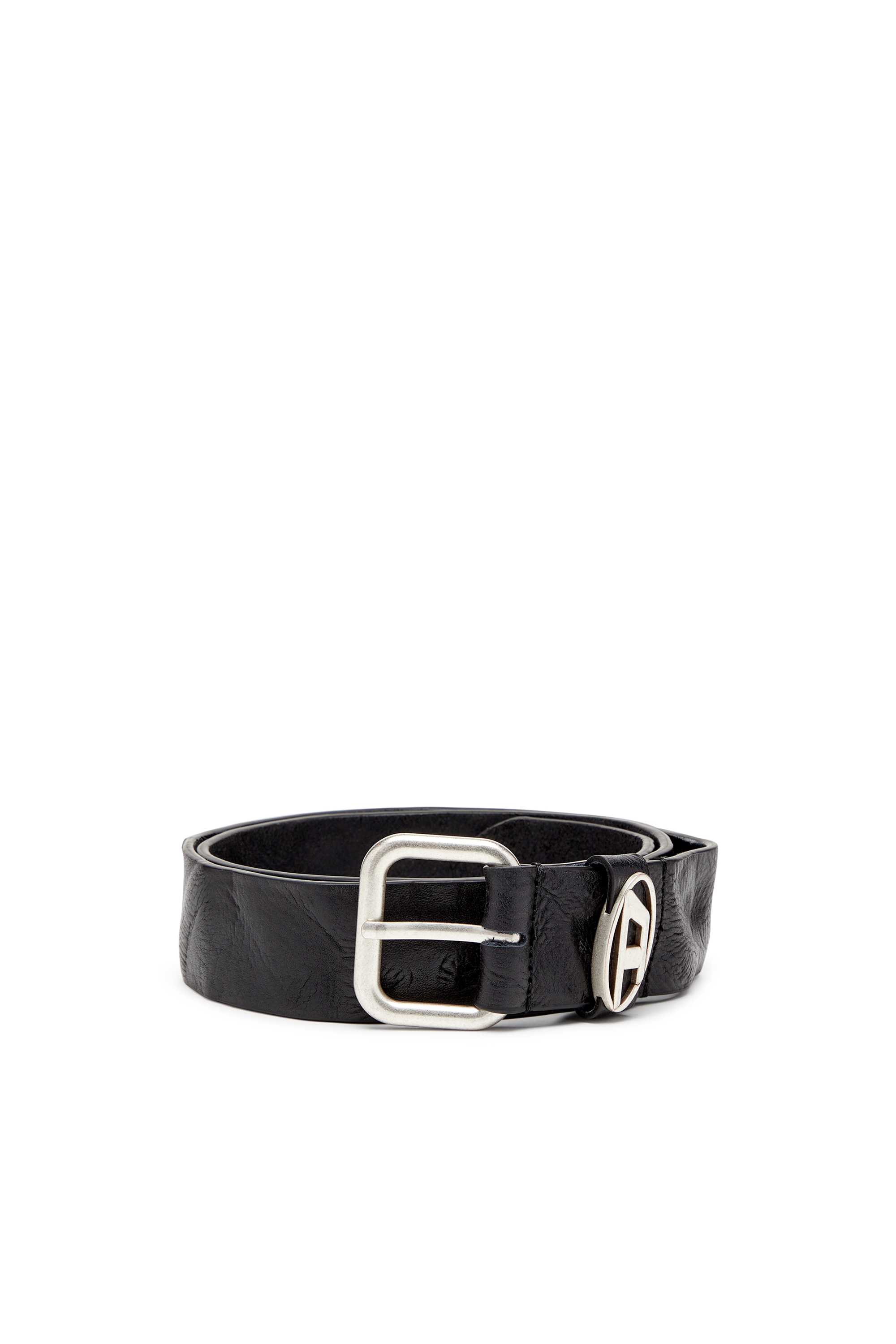 Diesel - B-1DR OVAL D LOOP, Ceinture 3.9 cm en cuir froissé avec plaque à logo Mixte in Noir - 1