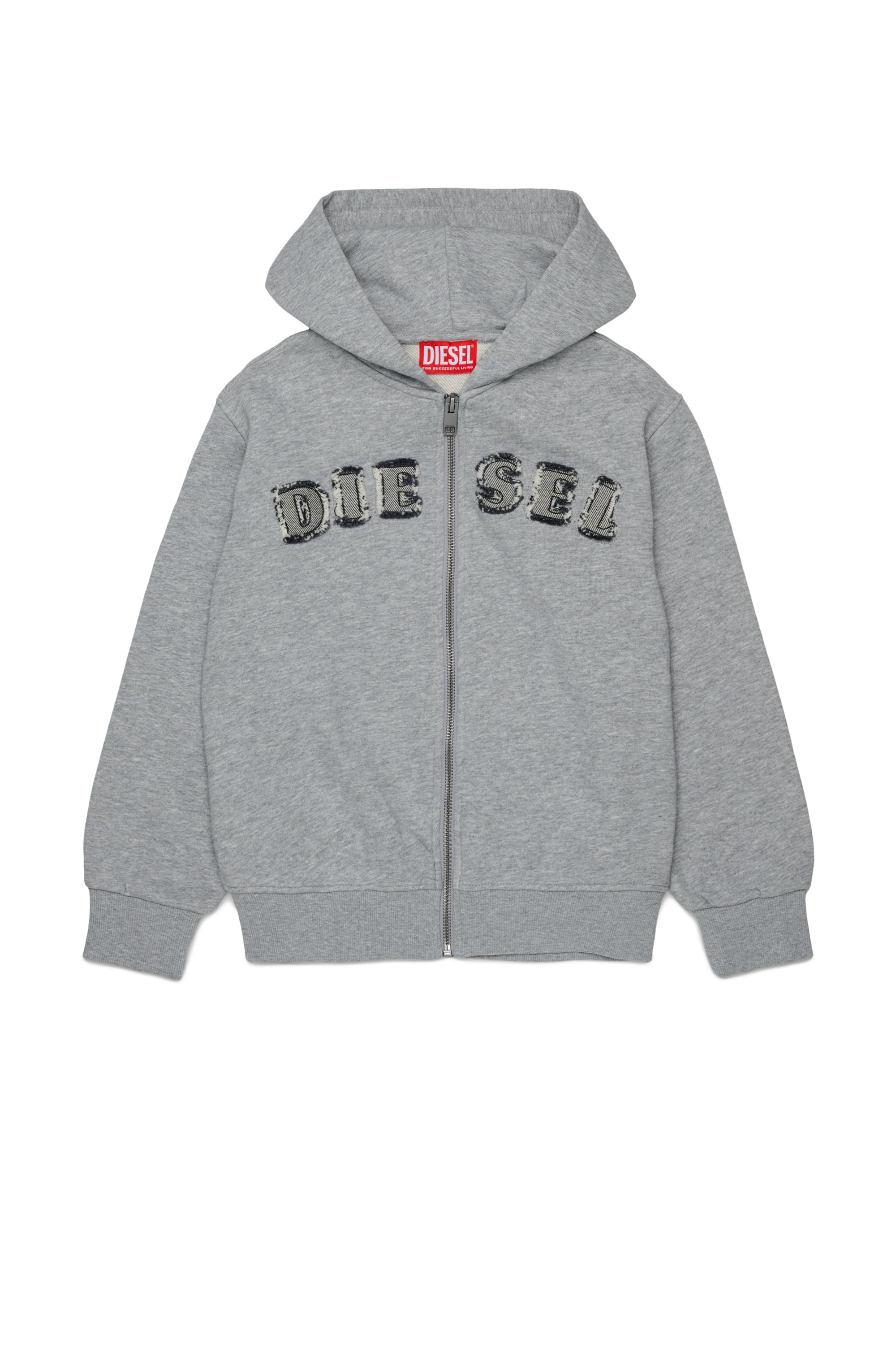 Diesel - SJEANSHOOD OVER, Sweat &agrave; capuche zipp&eacute; avec logo effiloch&eacute; Homme in Gris - 1