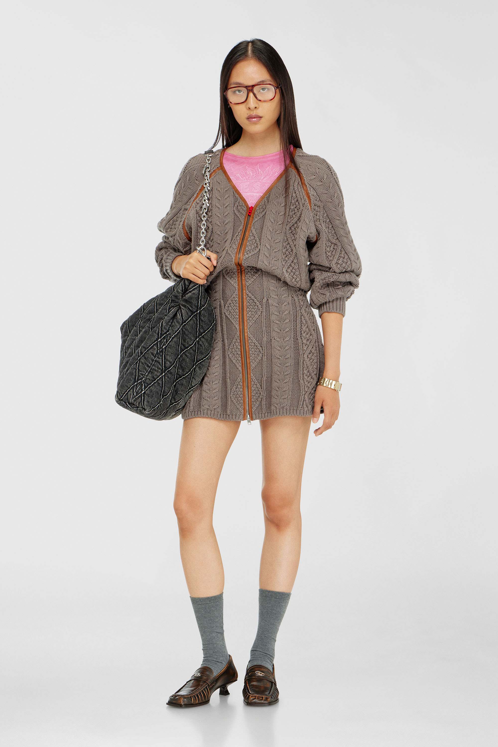 Diesel - M-INTESSE, Robe cardigan courte en maille torsad&eacute;e Femme in Gris - 2