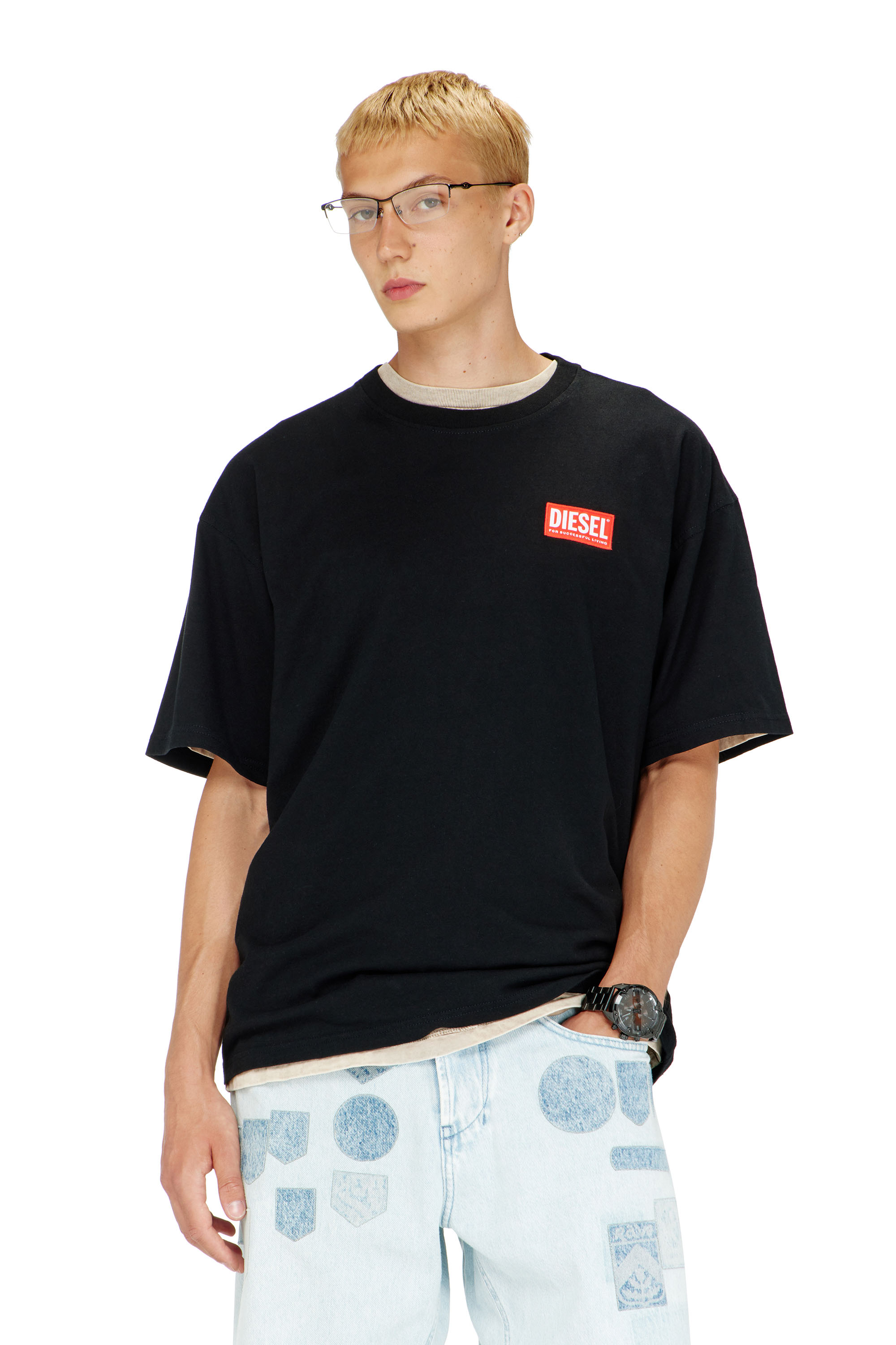 Diesel - T-BOXT-LAB, T-shirt avec empi&egrave;cement &agrave; logo en jacquard Homme in Noir - 3