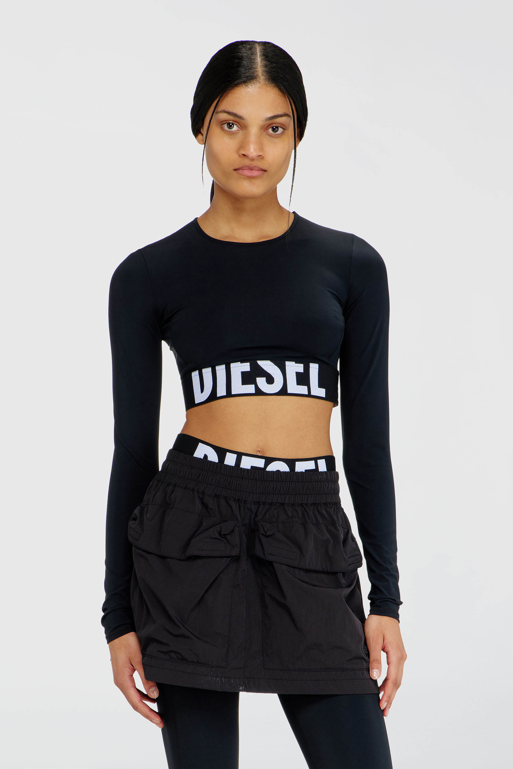 Diesel - MELISSA-D-POP, Top cropped en microfibre avec logo tronqu&eacute; Femme in Noir - 2