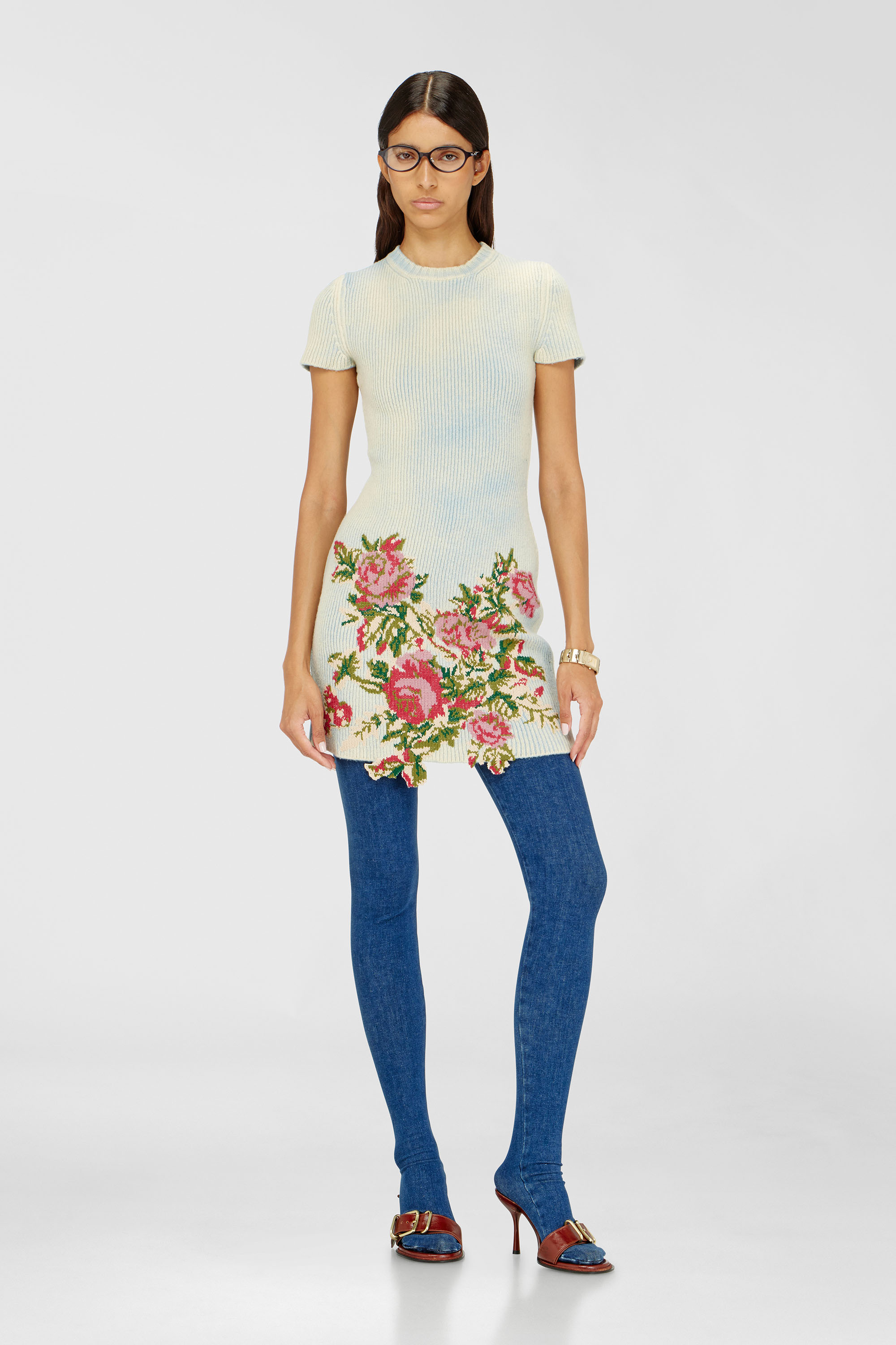 Diesel - M-RINNIE, Robe courte en maille m&eacute;lang&eacute;e laine &agrave; motif fleuri Femme in Polychrome - 3