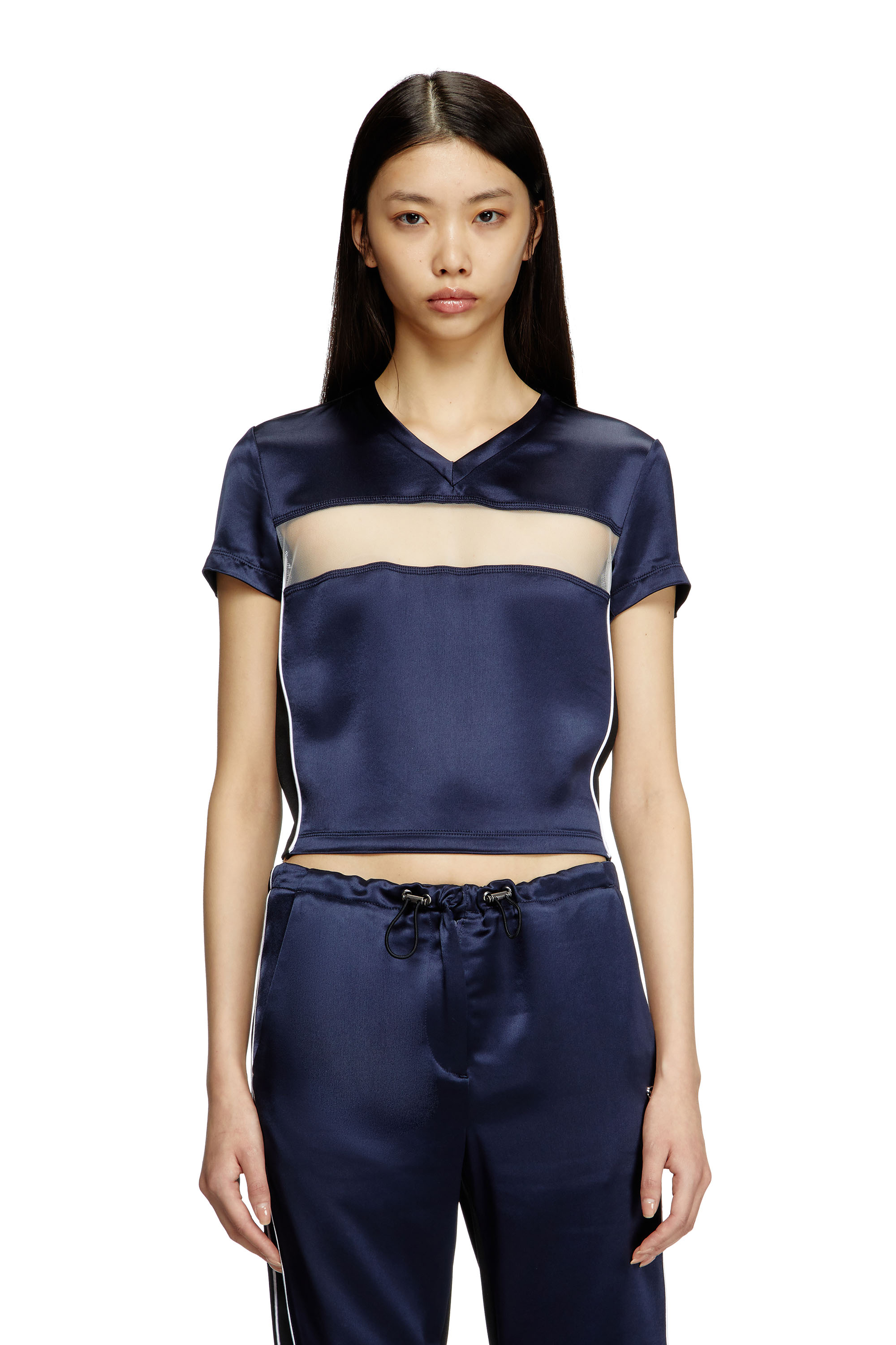 Diesel - T-RACE, T-shirt cropped en satin, tricot et tulle Femme in Bleu - 1