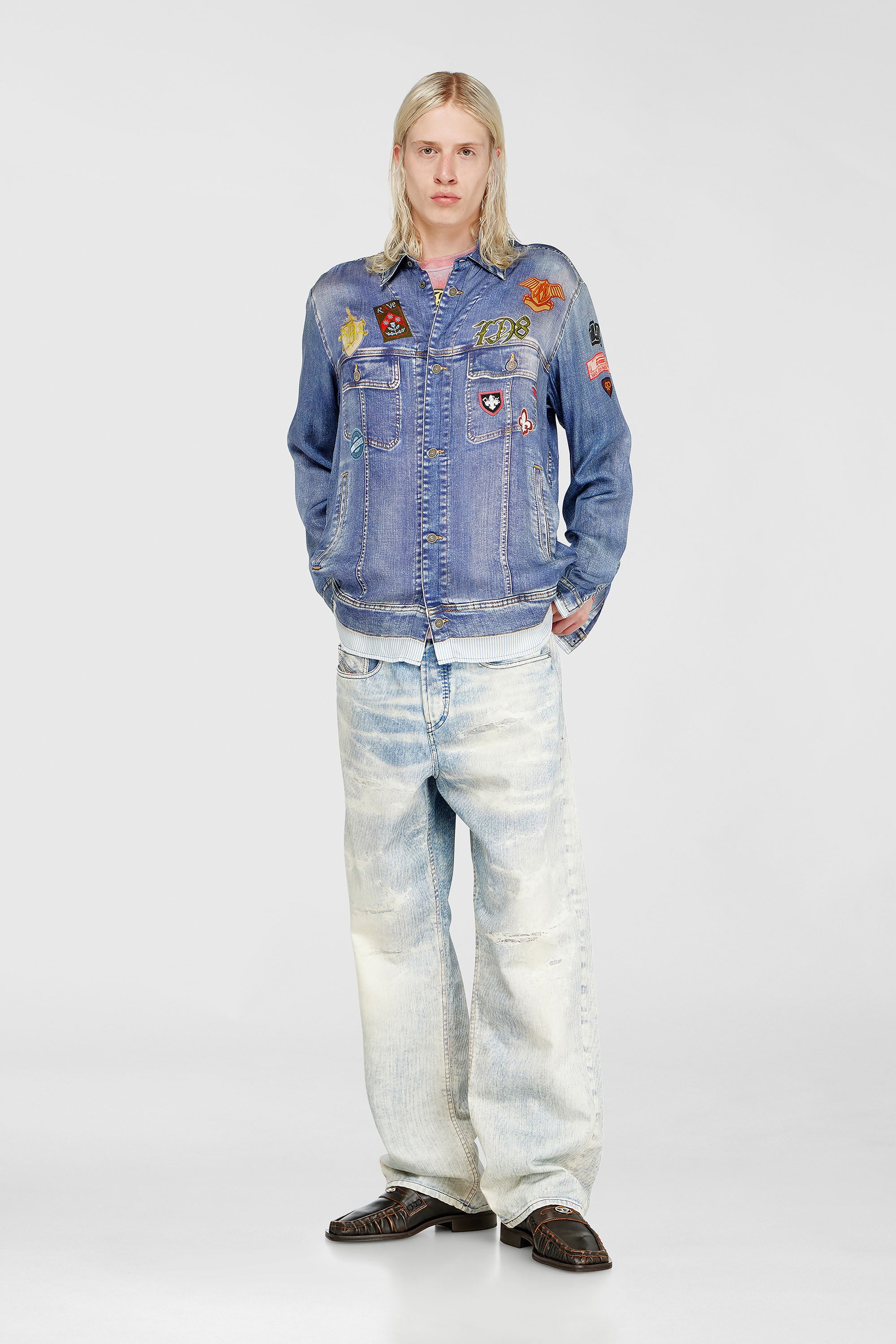 Diesel - S-SIMPLY-PATCH, Chemise satin&eacute;e &agrave; imprim&eacute; denim trompe-l'&oelig;il Homme in Bleu - 2