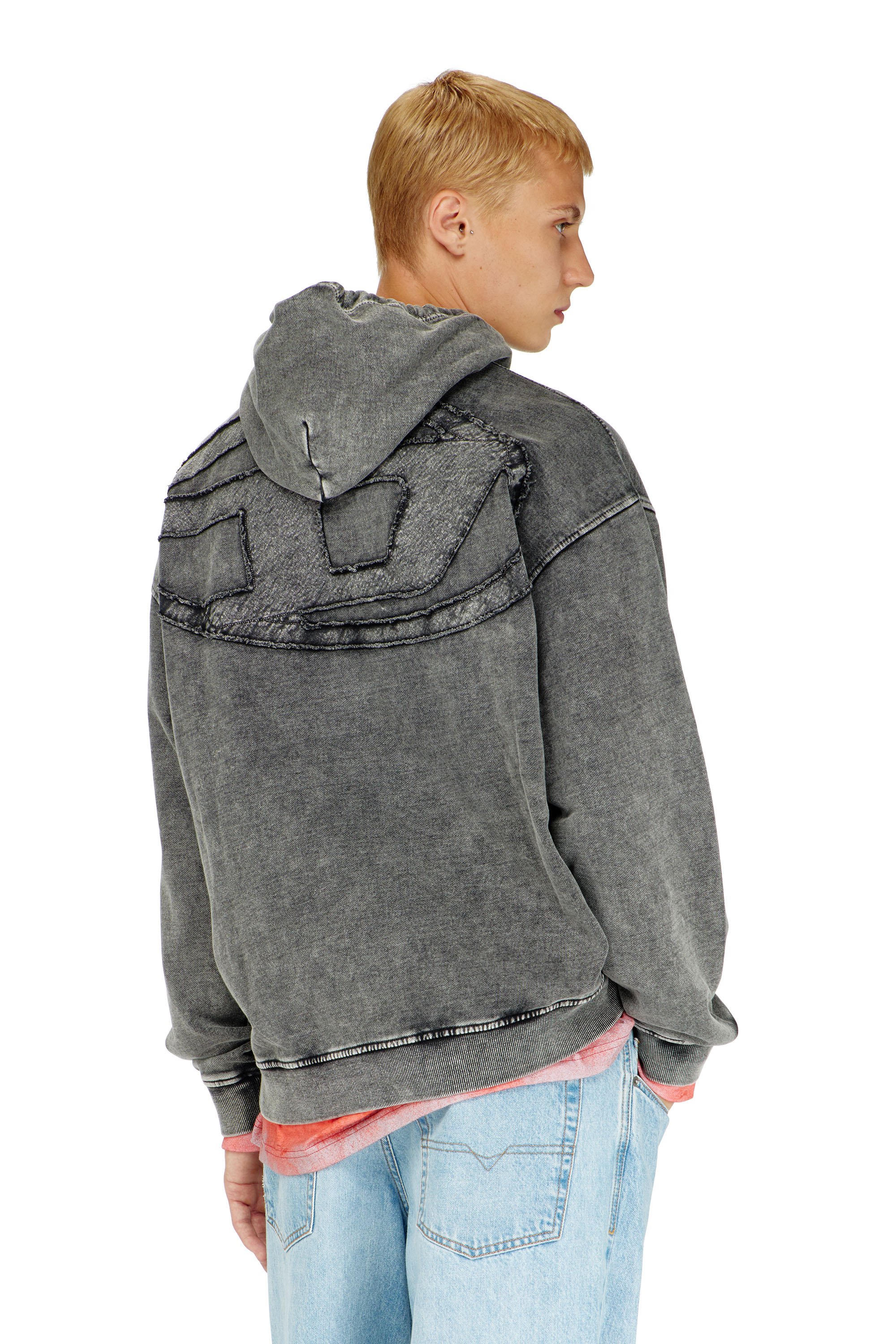 Diesel - S-BOXT-HOOD-DEN, Sweat &agrave; dos patchwork coup&eacute; brut Homme in Gris - 4