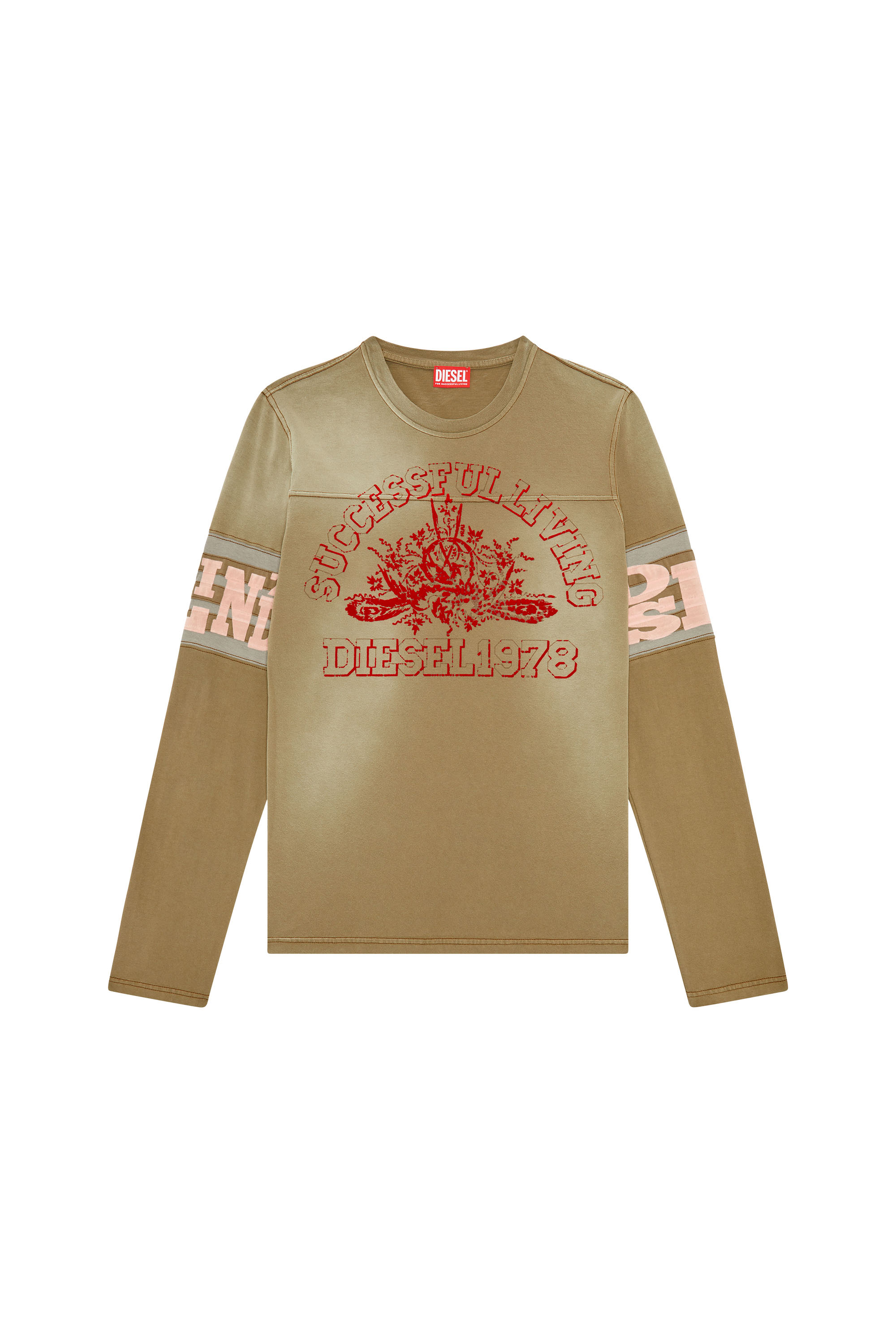 Diesel - T-JU-LS, Man's Long-sleeve T-shirt with flocked logo in Light Brown - 2