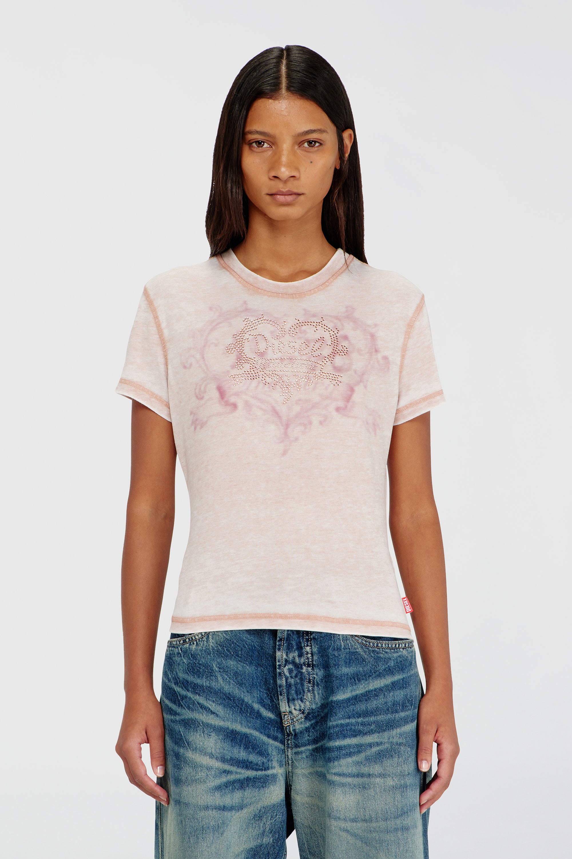 Diesel - T-ILA-AA1, T-shirt en jersey avec strass et burnout effect Femme in Rose - 3