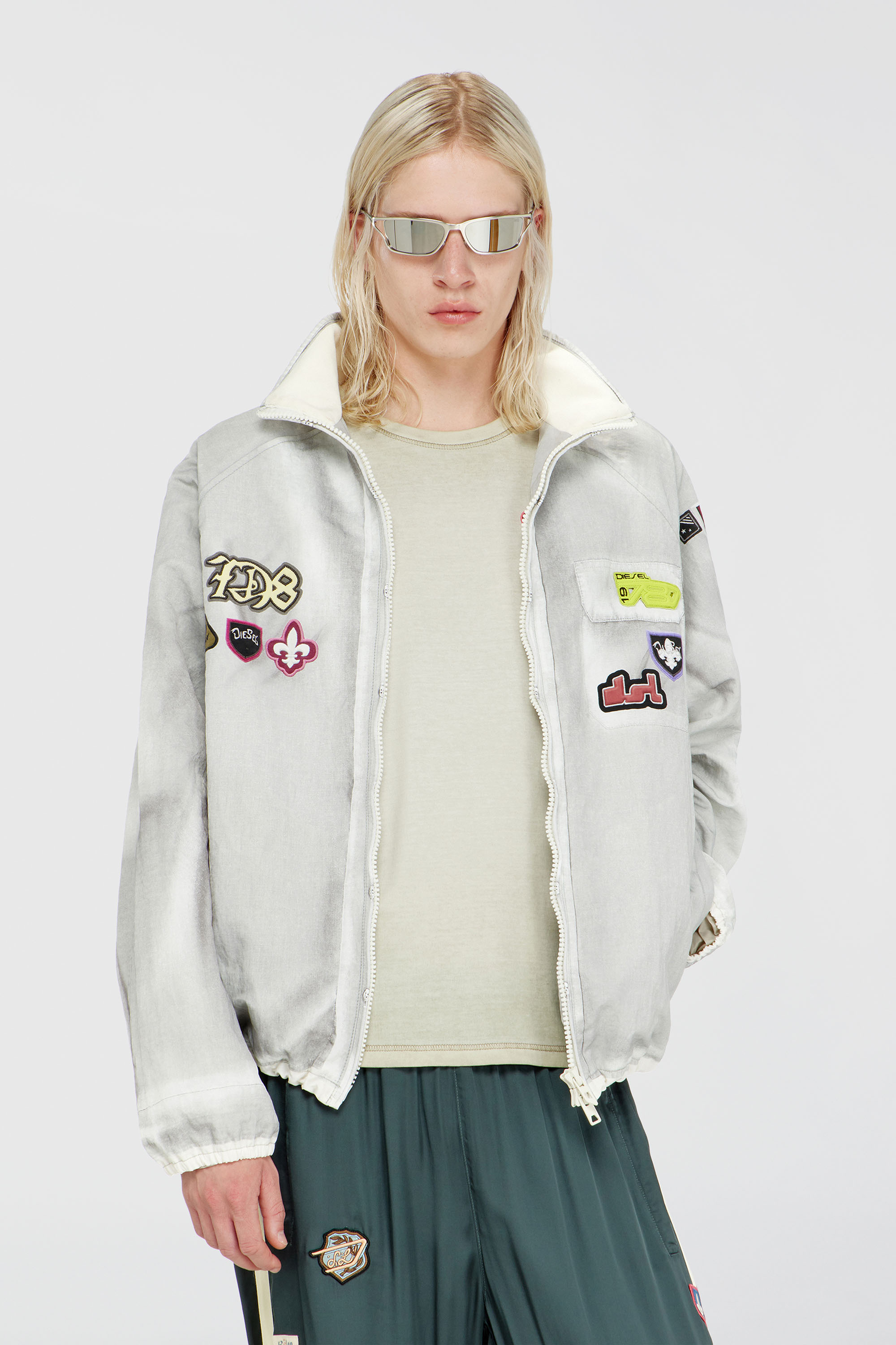 Diesel - J-PATCH, Man's Windbreaker with trompe l&rsquo;oeil patches in Light Grey - 1