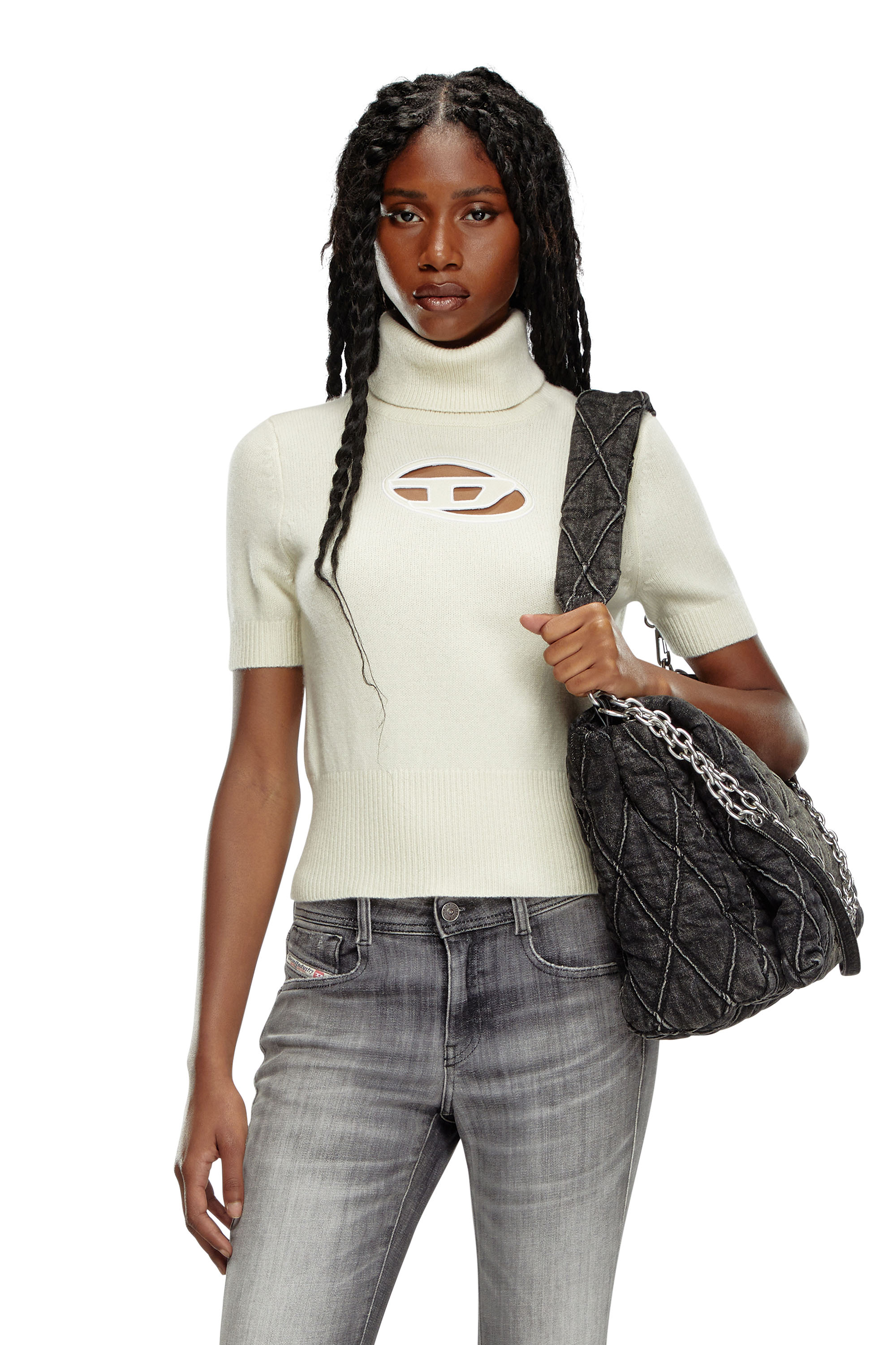 Diesel - M-ARGARET, Femme Pull à manches courtes avec logo effet découpé in Blanc - Image 1