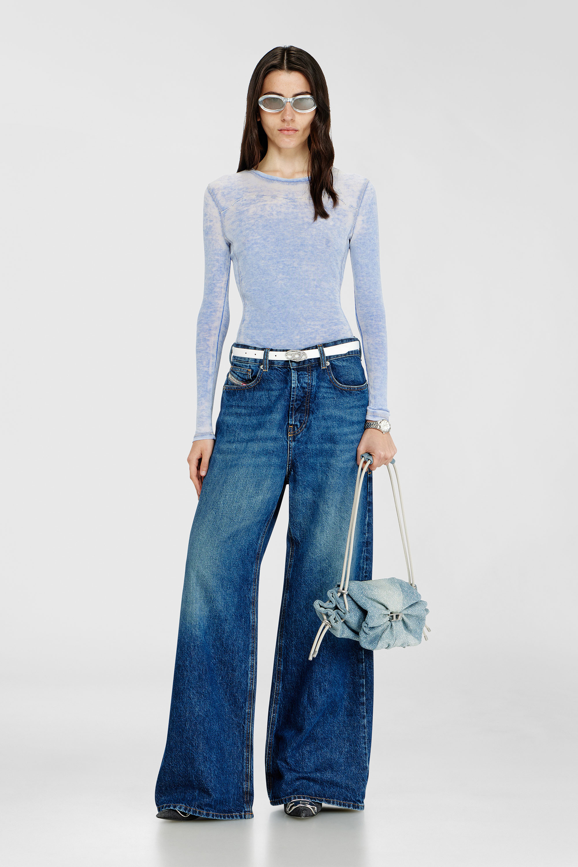 Diesel - SCRUNCH-D SHOULDER S, Scrunch-D - Sac &eacute;paule en denim avec cristaux transparents Femme in Bleu - 1