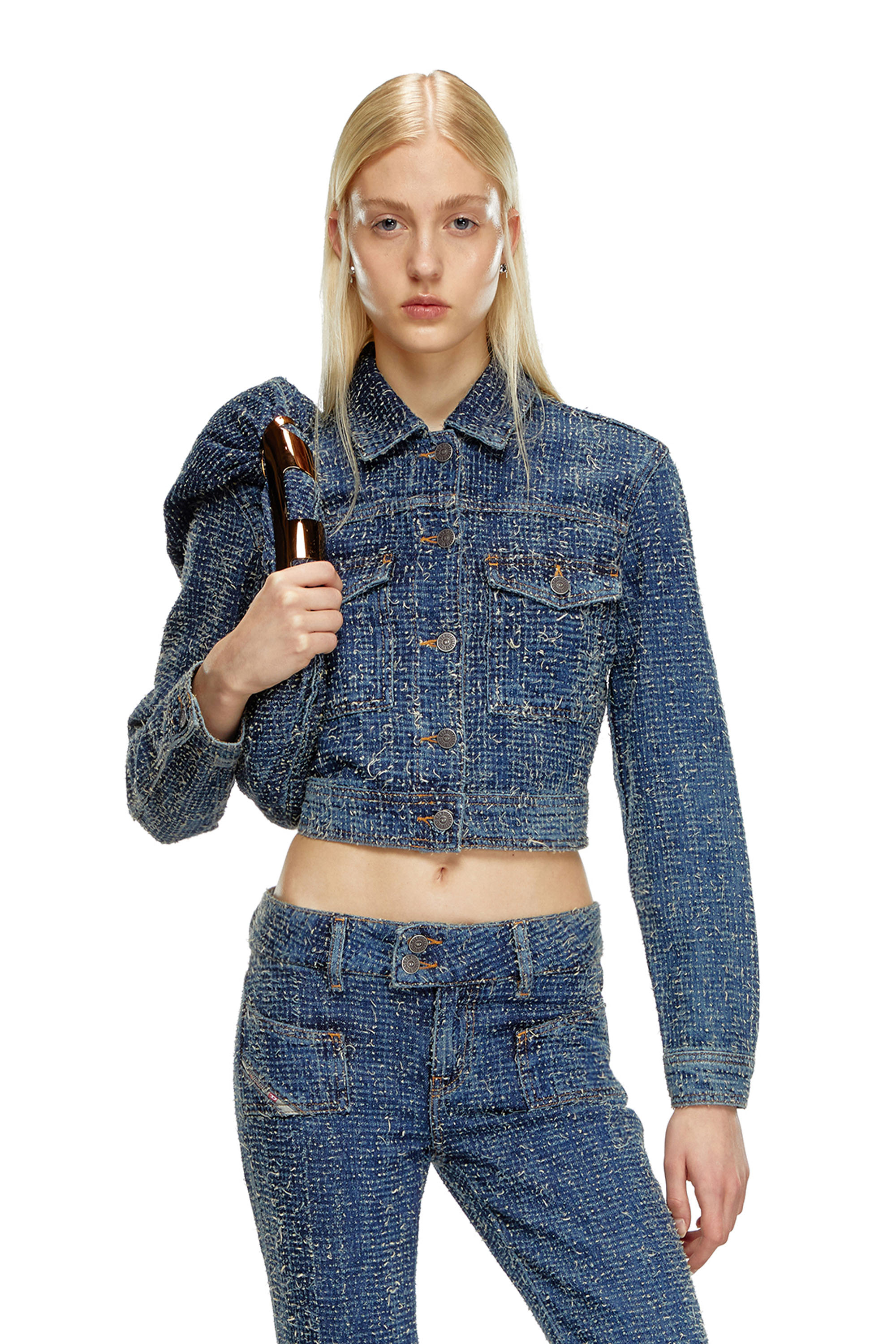 Diesel - DE-ATEL-S, Veste crop en denim boucl&eacute; Femme in Bleu - 3