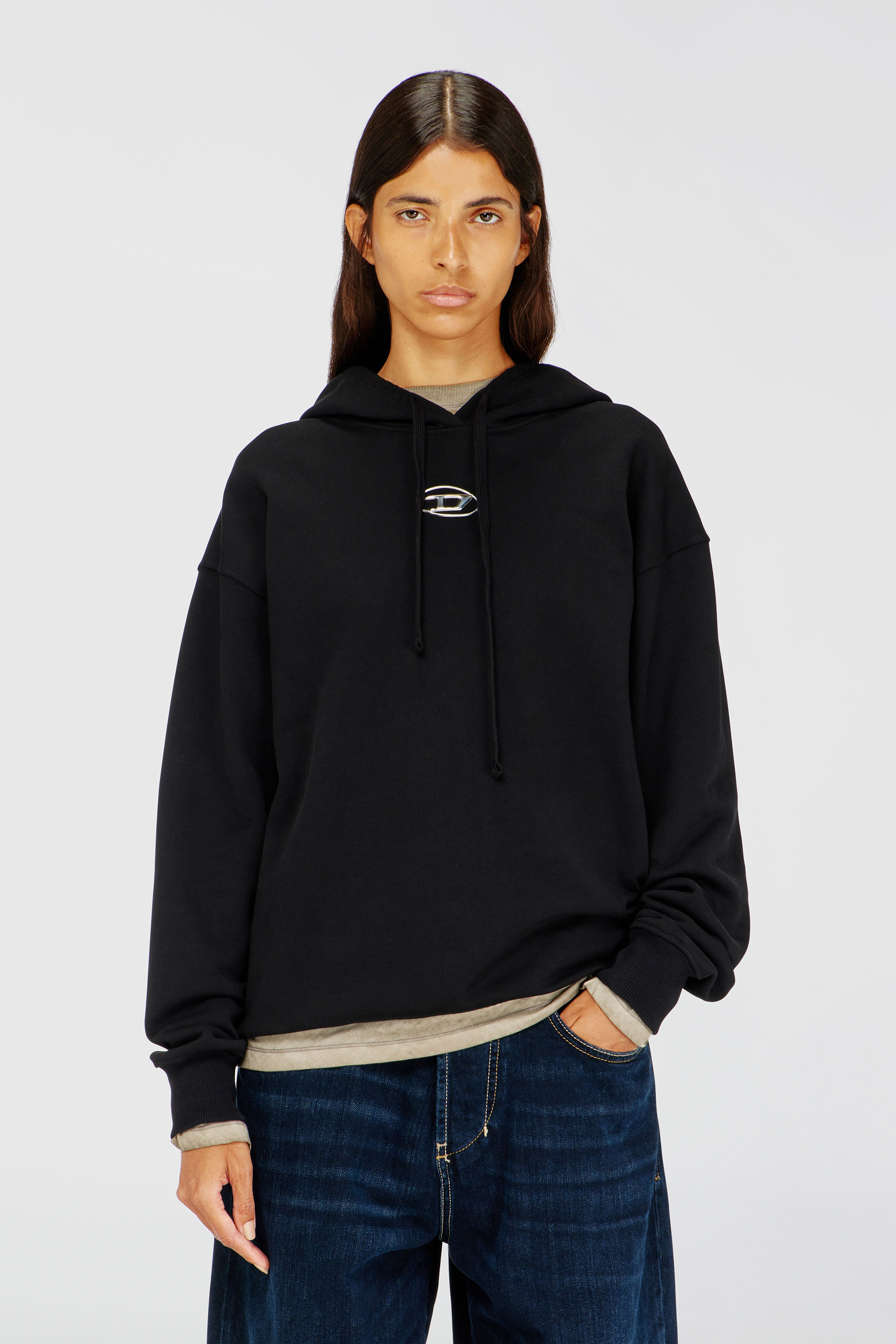 Diesel - F-BUXT-HOOD-OD, Sweat-shirt &agrave; capuche avec logo Oval D effet m&eacute;tal Femme in Noir - 3
