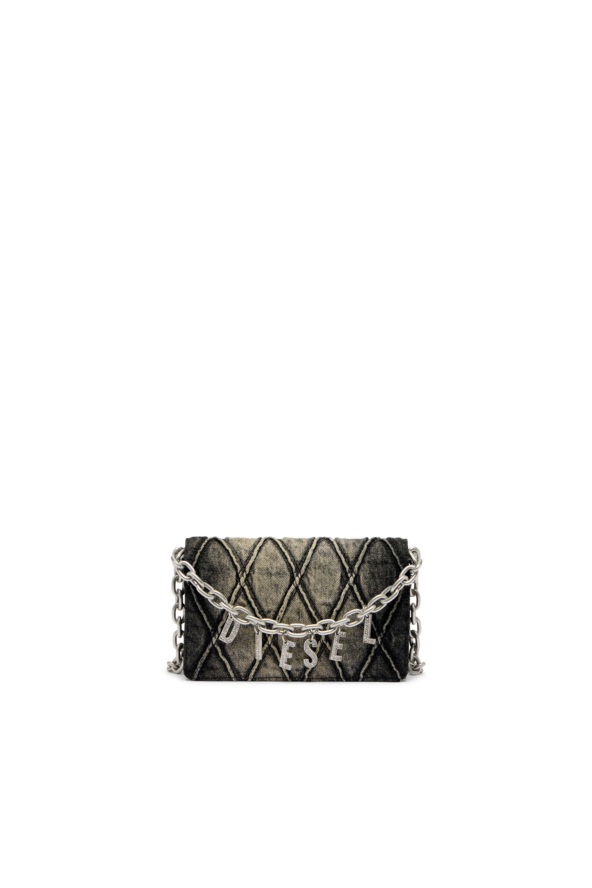 Diesel - CHARM-D WALLET STRAP, Porte-monnaie en denim matelass&eacute; motif argyle Femme in Noir - 1