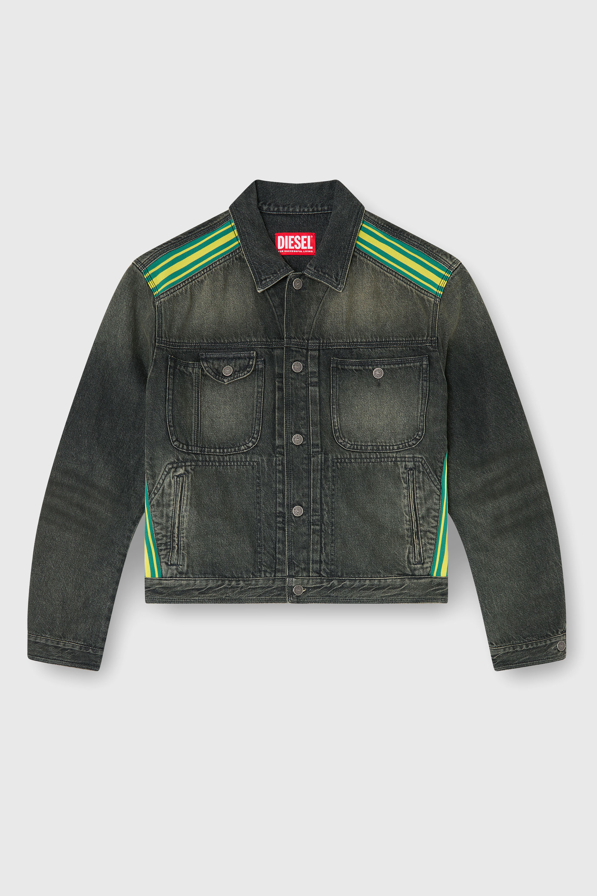 Diesel - D-BAS-FSJ1, Man's Trucker jacket with striped shoulder bands in Dark grey - 2