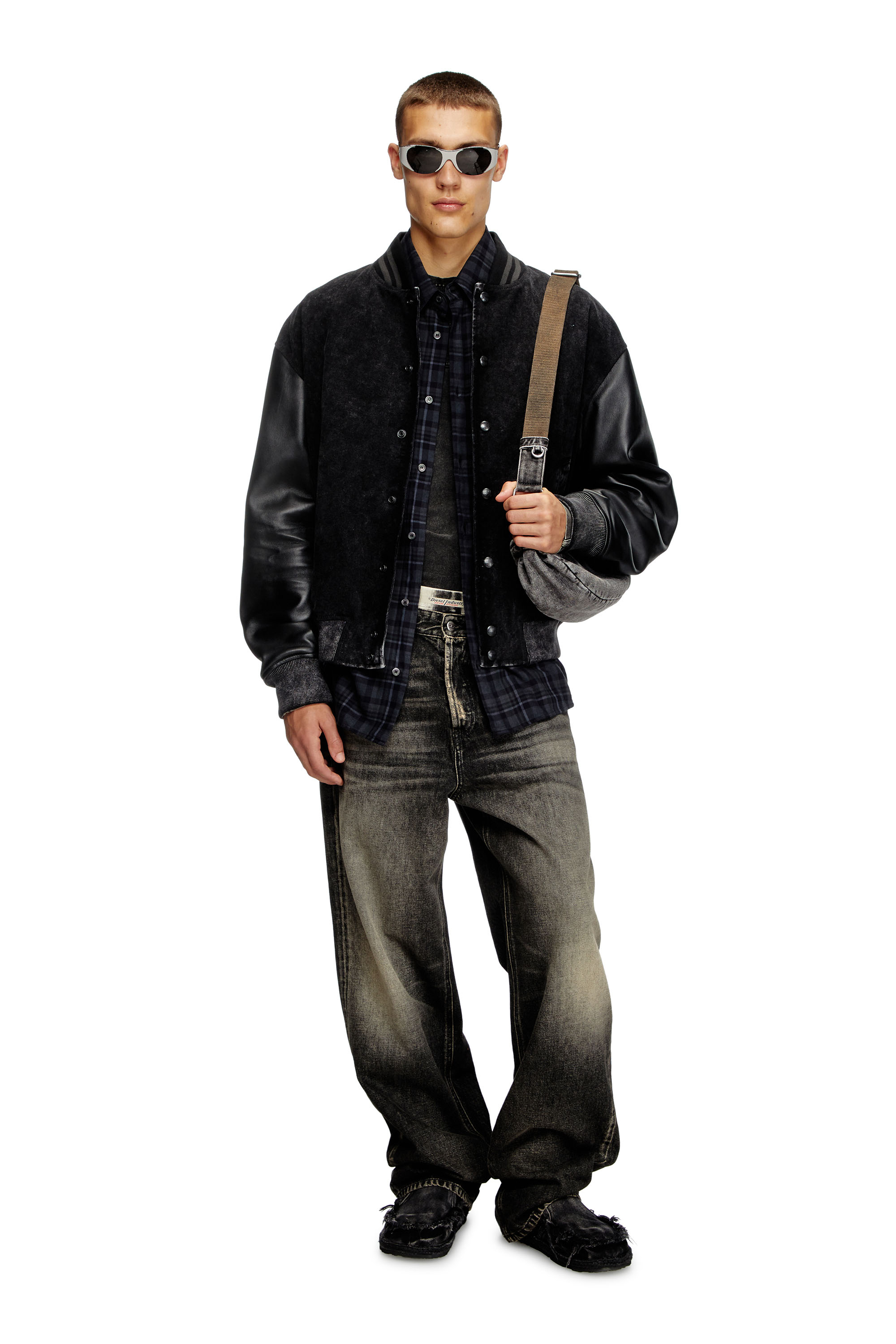 Diesel - L-NYN, Veste bomber en denim et cuir Homme in Noir - 1